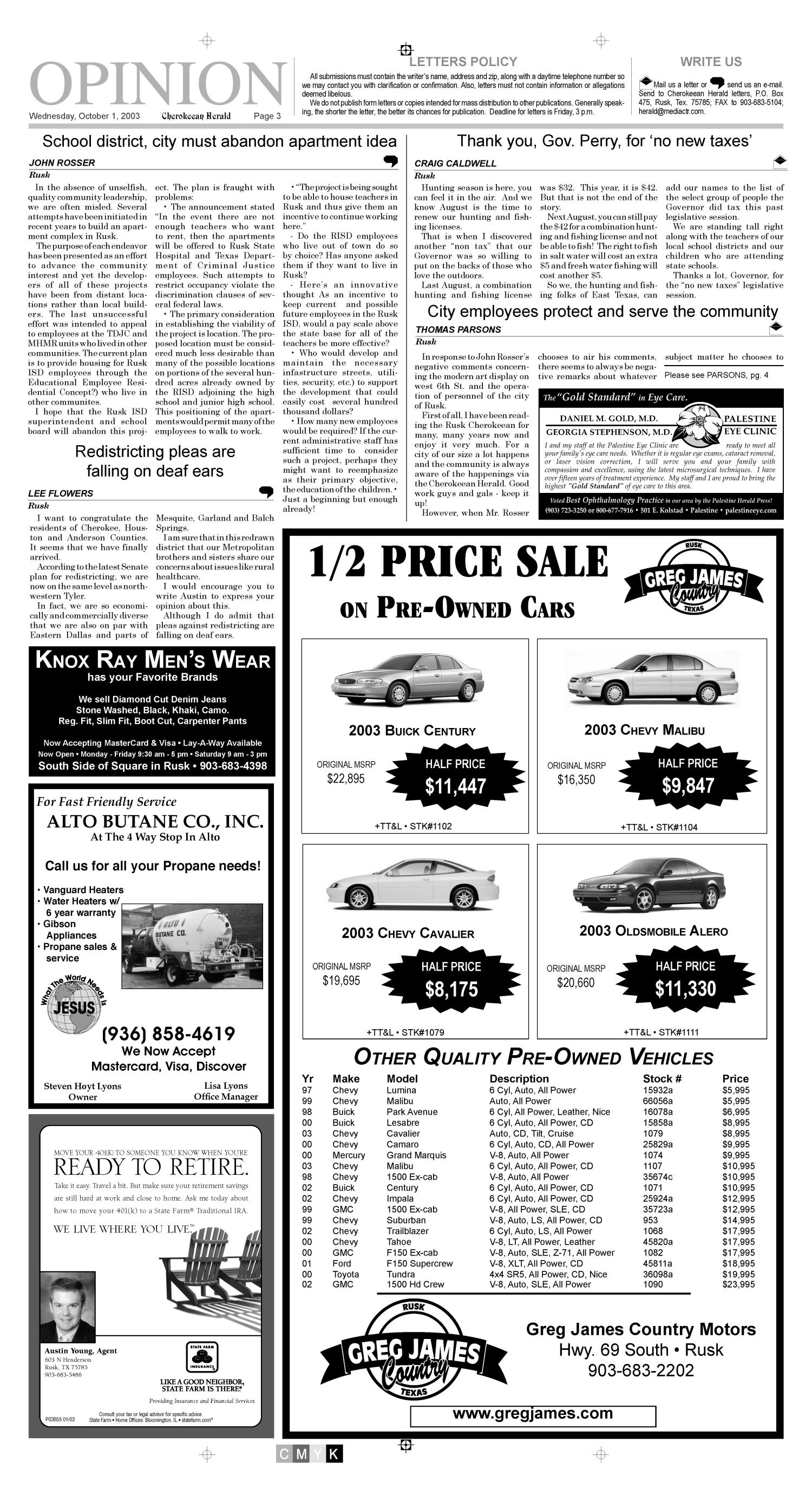 Cherokeean Herald (Rusk, Tex.), Vol. 154, No. 32, Ed. 1 Wednesday, October 1, 2003
                                                
                                                    [Sequence #]: 3 of 16
                                                