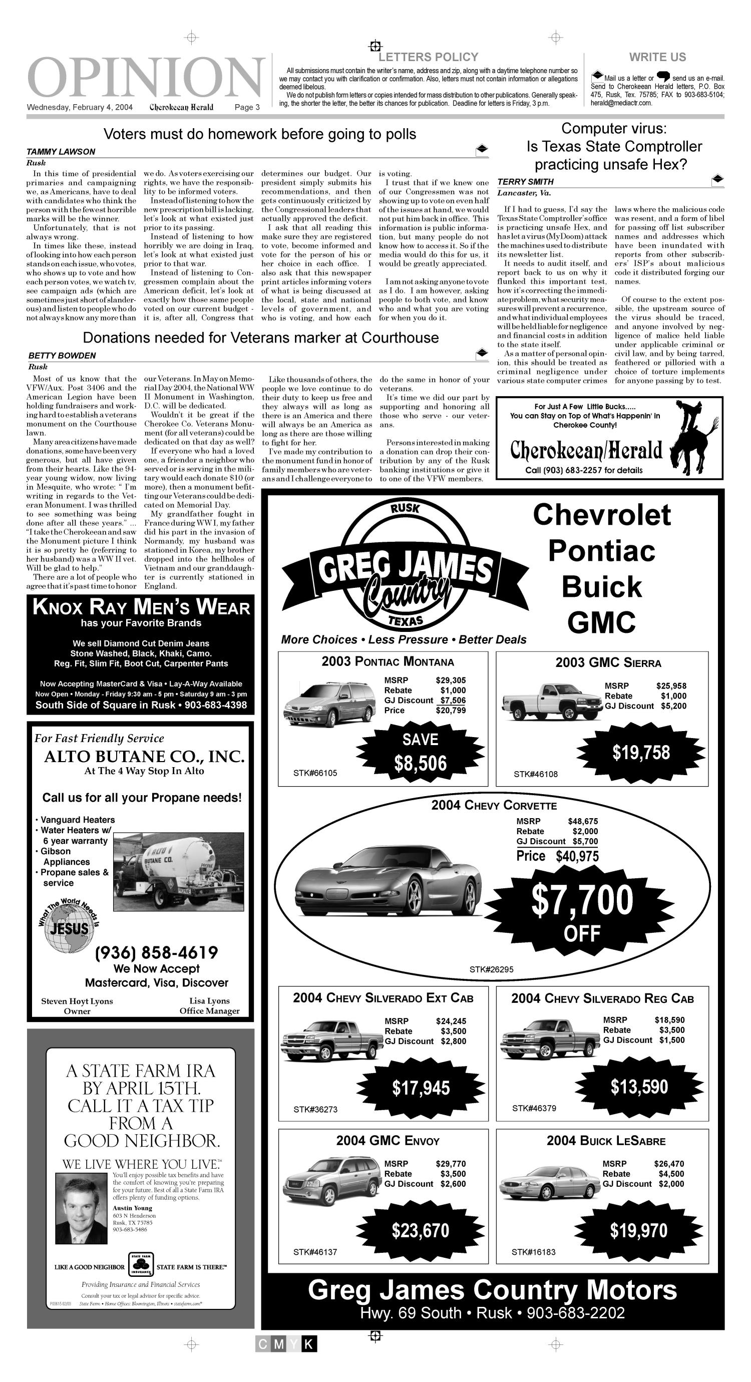 Cherokeean Herald (Rusk, Tex.), Vol. 154, No. 50, Ed. 1 Wednesday, February 4, 2004
                                                
                                                    [Sequence #]: 3 of 20
                                                