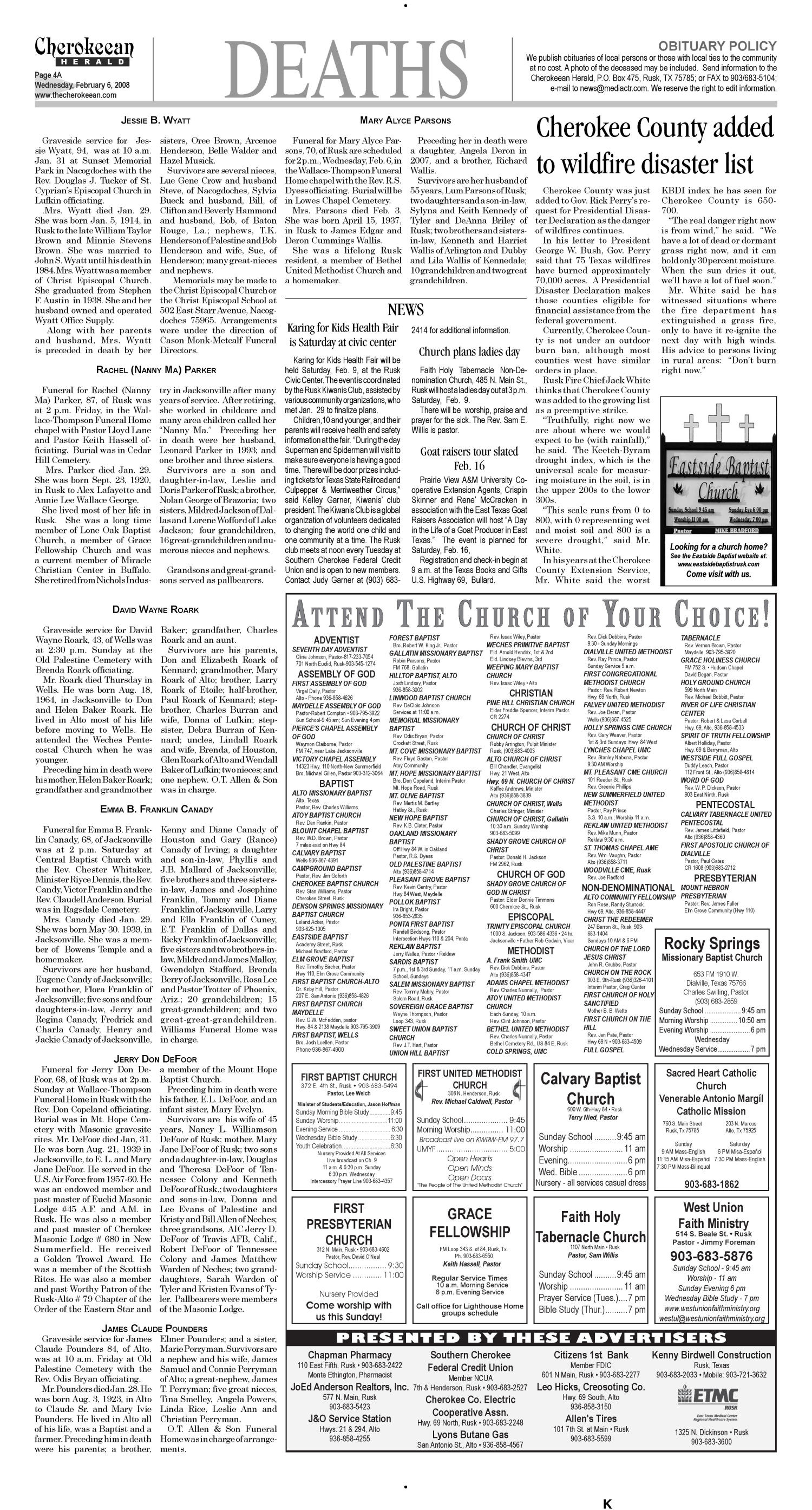 Cherokeean Herald (Rusk, Tex.), Vol. 158, No. 50, Ed. 1 Wednesday, February 6, 2008
                                                
                                                    [Sequence #]: 4 of 16
                                                