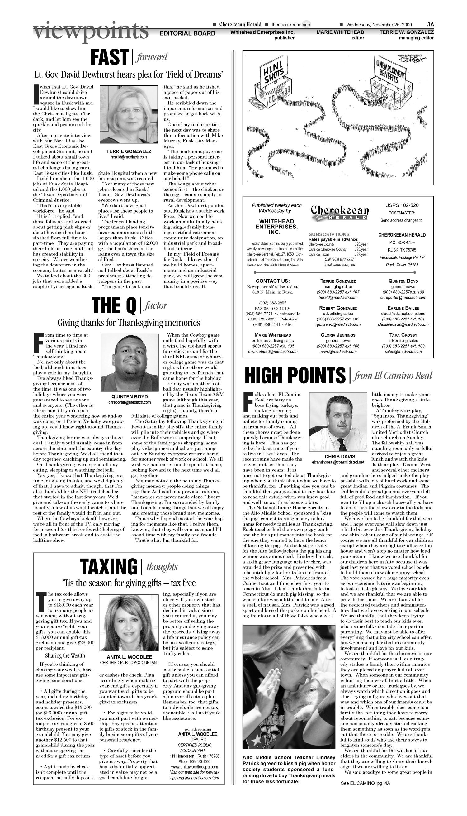 Cherokeean Herald (Rusk, Tex.), Vol. 160, No. 40, Ed. 1 Wednesday, November 25, 2009
                                                
                                                    [Sequence #]: 3 of 16
                                                