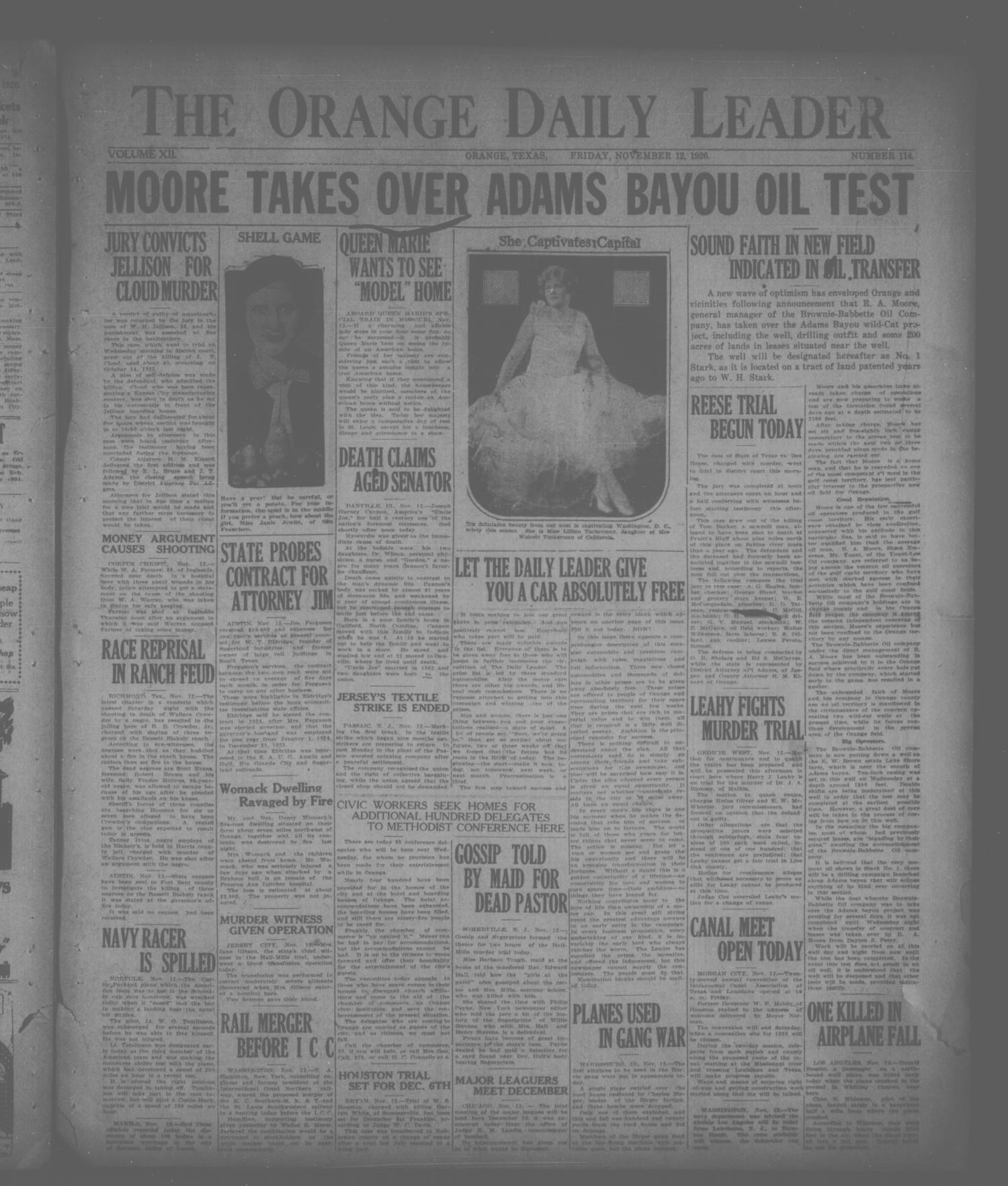 The Orange Daily Leader (Orange, Tex.), Vol. 12, No. 115, Ed. 1 Friday, November 12, 1926
                                                
                                                    [Sequence #]: 1 of 6
                                                