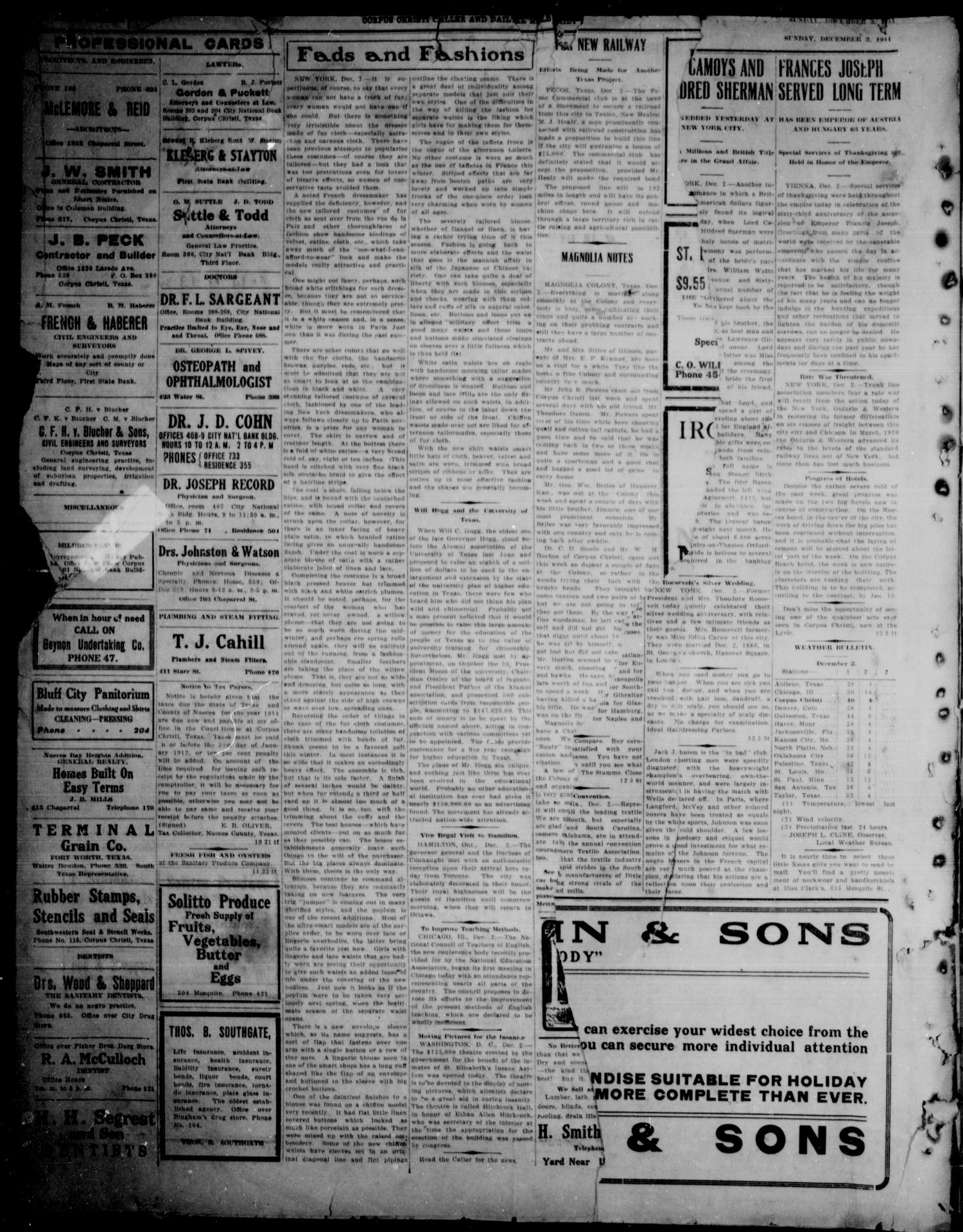 Corpus Christi Caller and Daily Herald (Corpus Christi, Tex.), Vol. 13, No. 10, Ed. 1, Tuesday, December 5, 1911
                                                
                                                    [Sequence #]: 1 of 9
                                                