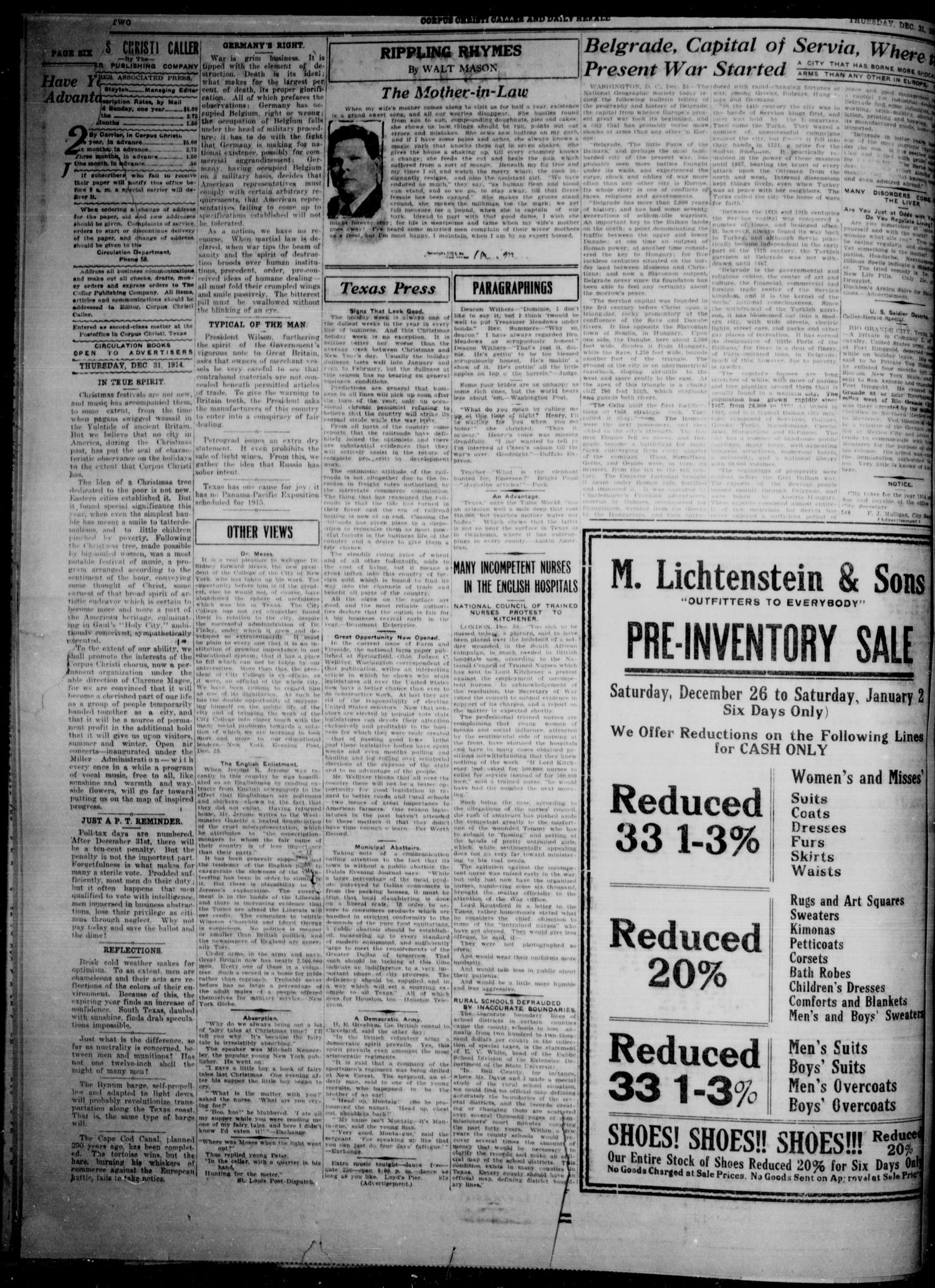 Corpus Christi Caller and Daily Herald (Corpus Christi, Tex.), Vol. SEVENTEEN, No. 22, Ed. 1, Thursday, December 31, 1914
                                                
                                                    [Sequence #]: 2 of 6
                                                