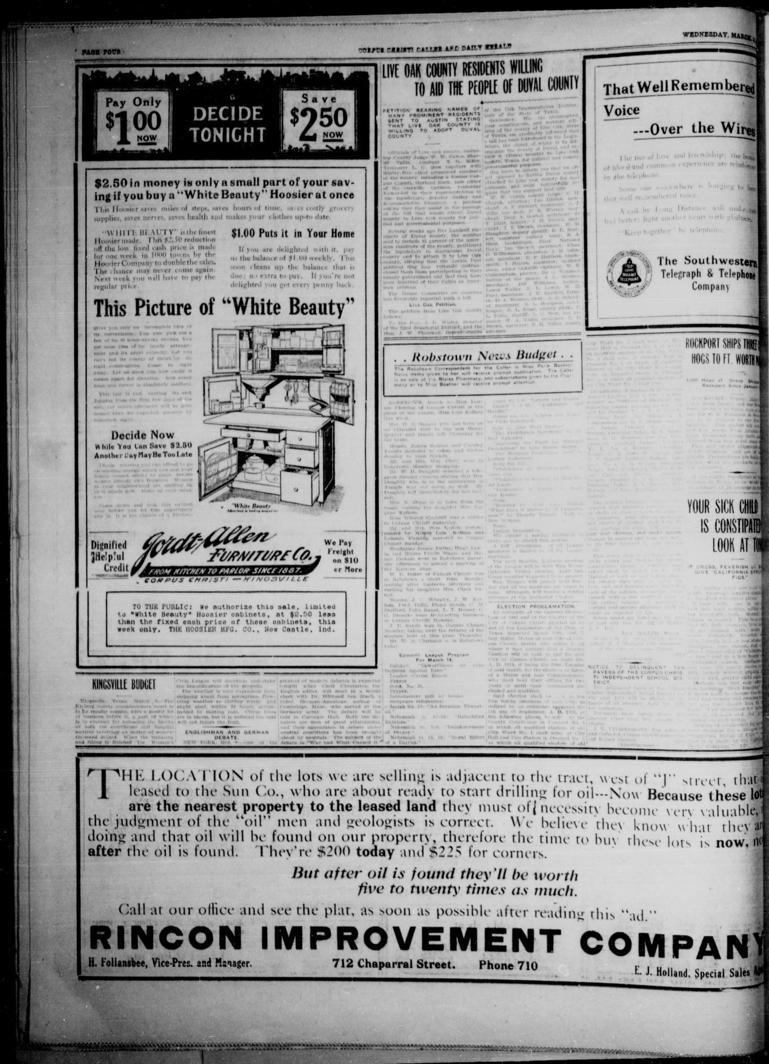 Corpus Christi Caller and Daily Herald (Corpus Christi, Tex.), Vol. SEVENTEEN, No. EIGHTY ONE, Ed. 1, Wednesday, March 10, 1915
                                                
                                                    [Sequence #]: 4 of 6
                                                