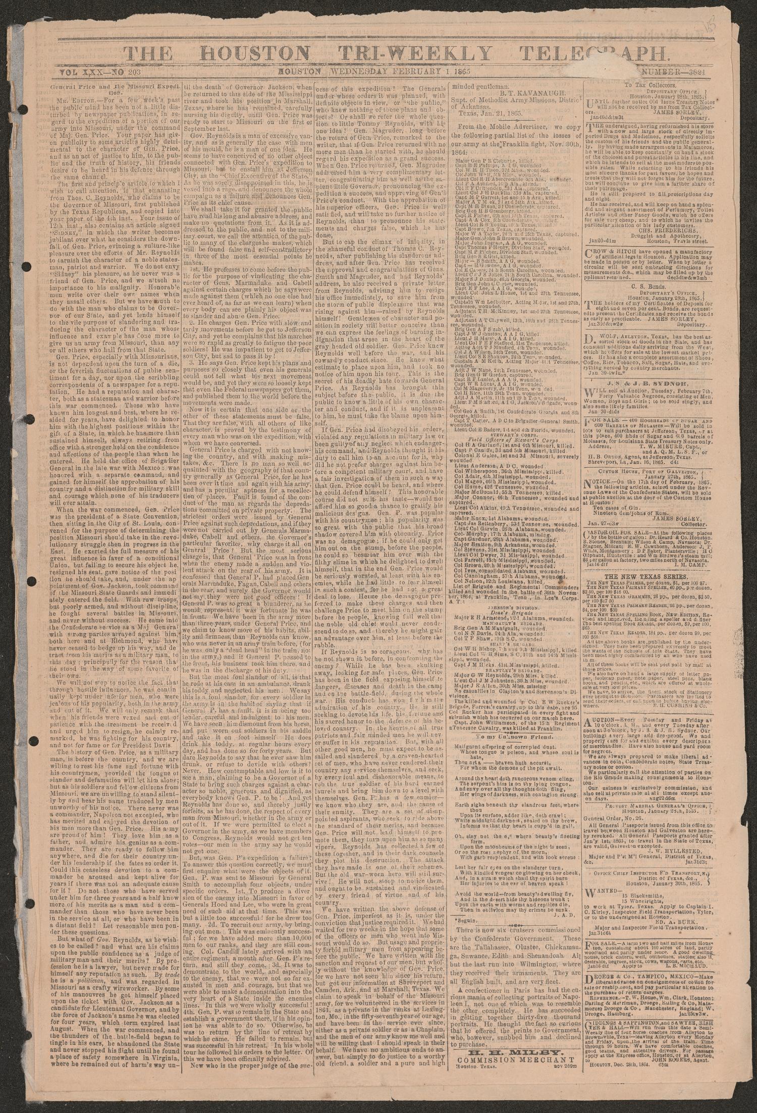 The Houston Tri-Weekly Telegraph. (Houston, Tex.), Vol. 30, No. 203, Ed. 1 Wednesday, February 1, 1865
                                                
                                                    [Sequence #]: 1 of 4
                                                