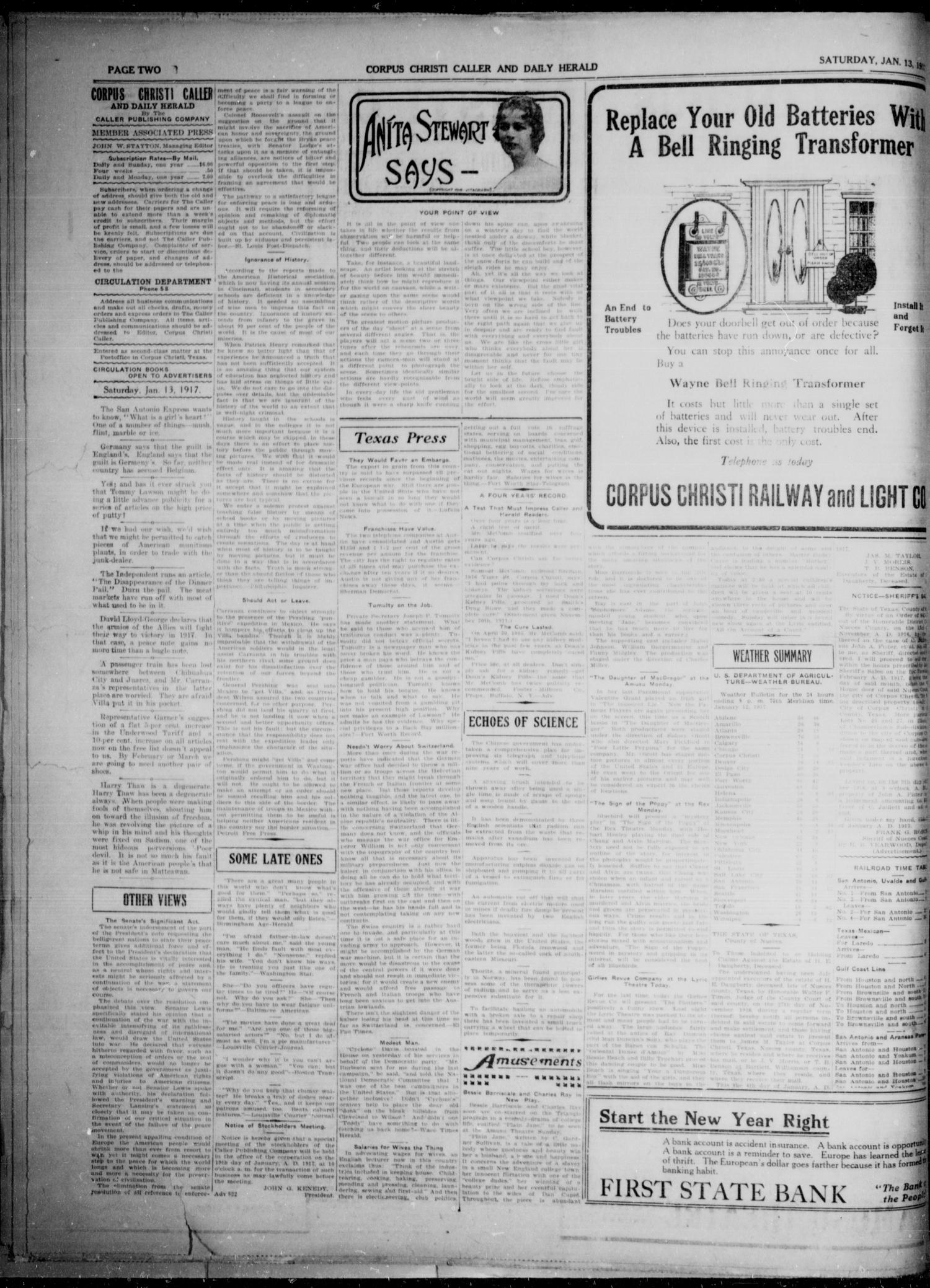 Corpus Christi Caller and Daily Herald (Corpus Christi, Tex.), Vol. 19, No. 32, Ed. 1, Saturday, January 13, 1917
                                                
                                                    [Sequence #]: 2 of 6
                                                