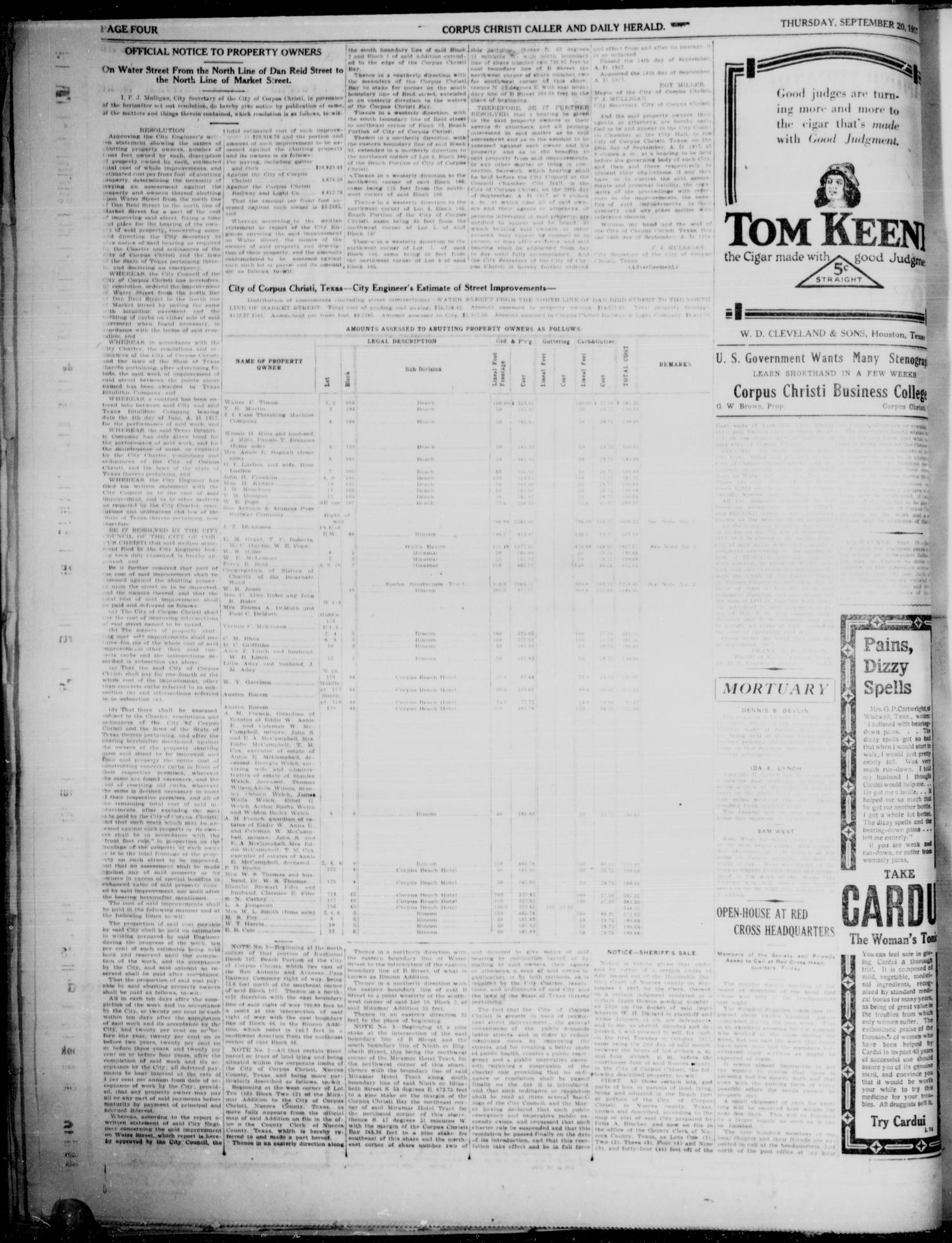 Corpus Christi Caller and Daily Herald (Corpus Christi, Tex.), Vol. 19, No. 244, Ed. 1, Thursday, September 20, 1917
                                                
                                                    [Sequence #]: 4 of 6
                                                