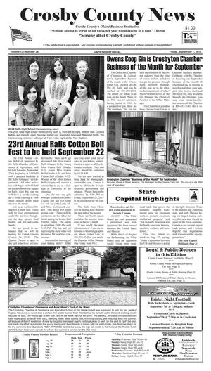 Primary view of object titled 'Crosby County News (Ralls, Tex.), Vol. 131, No. 36, Ed. 1 Friday, September 7, 2018'.