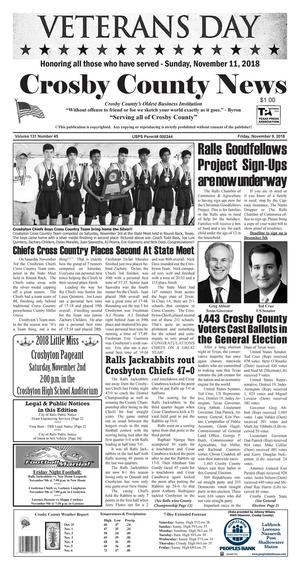 Primary view of object titled 'Crosby County News (Ralls, Tex.), Vol. 131, No. 45, Ed. 1 Friday, November 9, 2018'.