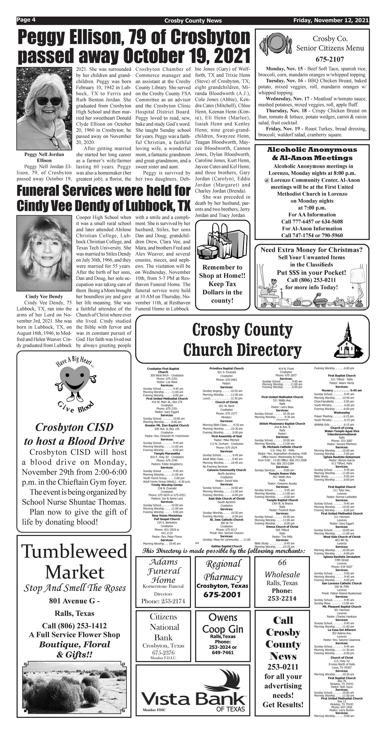 Crosby County News (Ralls, Tex.), Vol. 134, No. 44, Ed. 1 Friday, November 12, 2021
                                                
                                                    [Sequence #]: 4 of 12
                                                