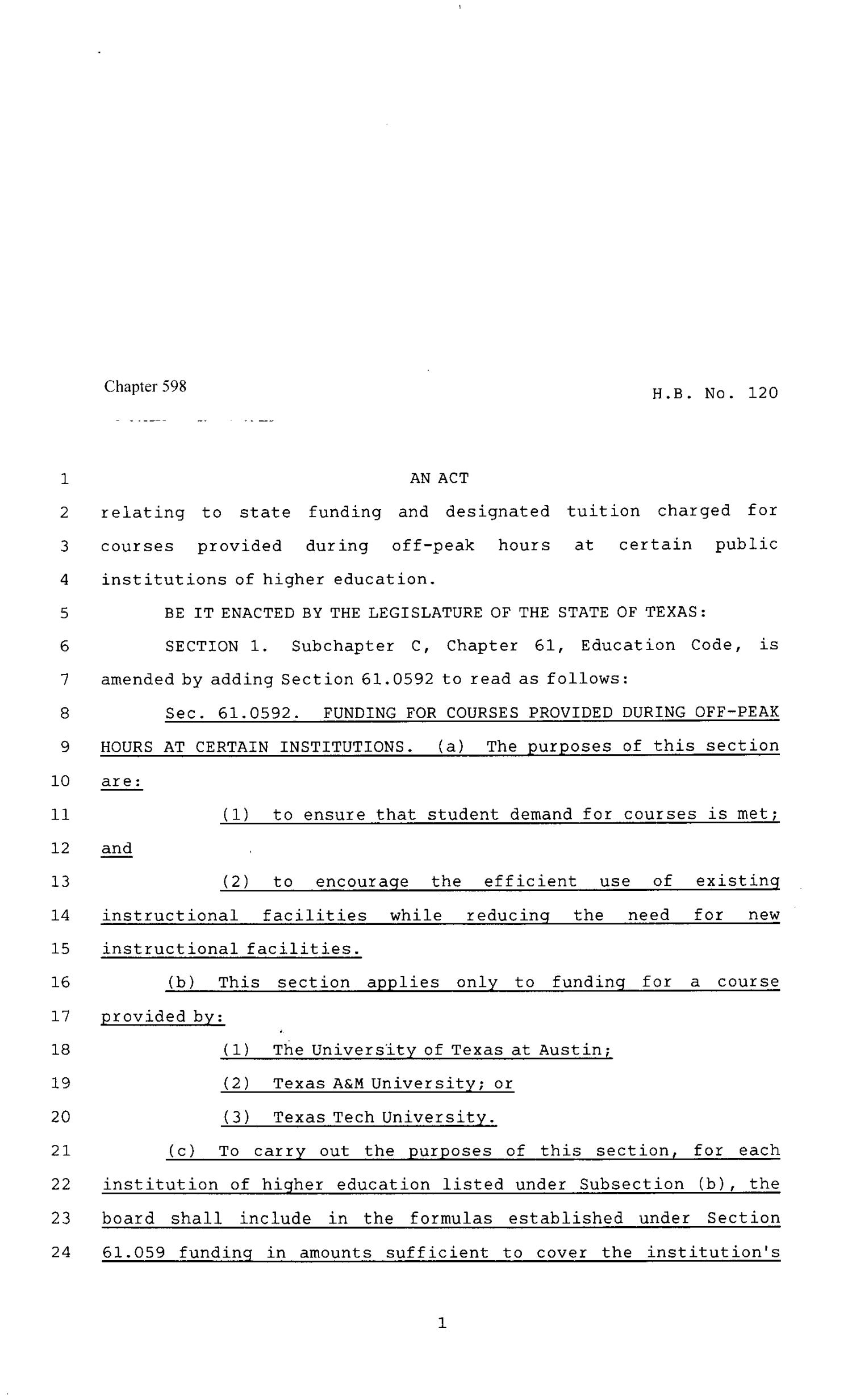 80th Texas Legislature, Regular Session, House Bill 120, Chapter 598
                                                
                                                    [Sequence #]: 1 of 4
                                                