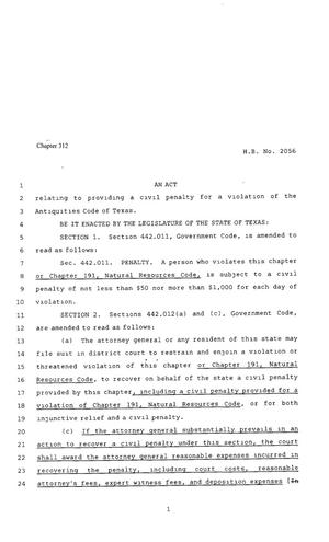 Primary view of object titled '80th Texas Legislature, Regular Session, House Bill 2056, Chapter 312'.