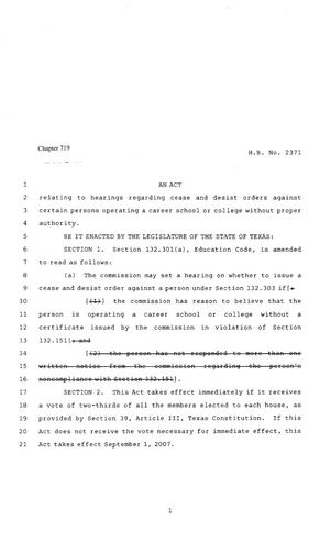 Primary view of object titled '80th Texas Legislature, Regular Session, House Bill 2371, Chapter 719'.