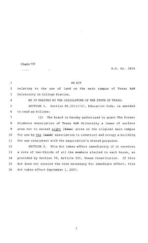 Primary view of object titled '80th Texas Legislature, Regular Session, House Bill 2834, Chapter 739'.