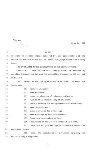 Primary view of object titled '80th Texas Legislature, Regular Session, House Bill 930, Chapter 839'.