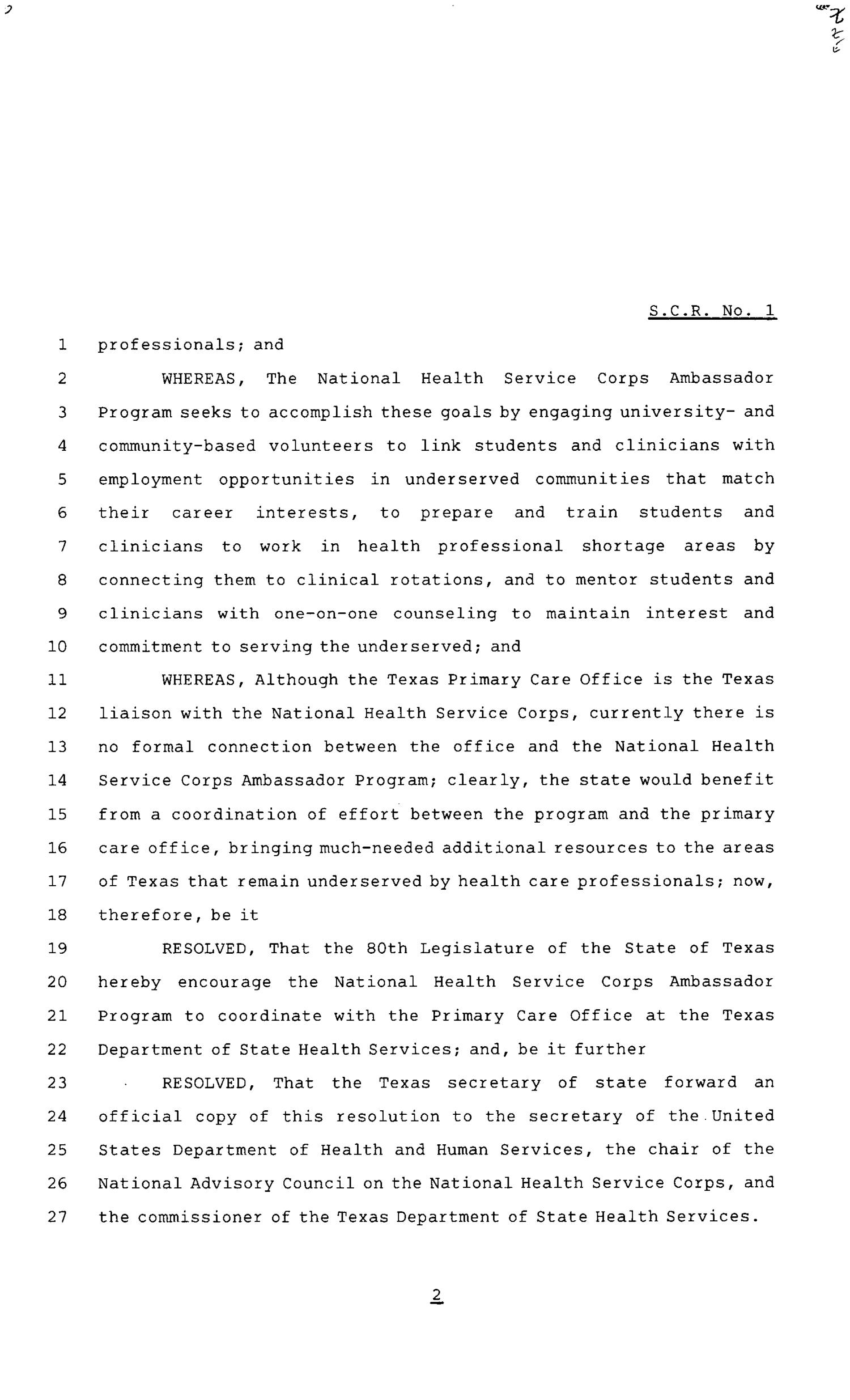 80th Texas Legislature, Regular Session, Senate Concurrent Resolution 1
                                                
                                                    [Sequence #]: 2 of 3
                                                
