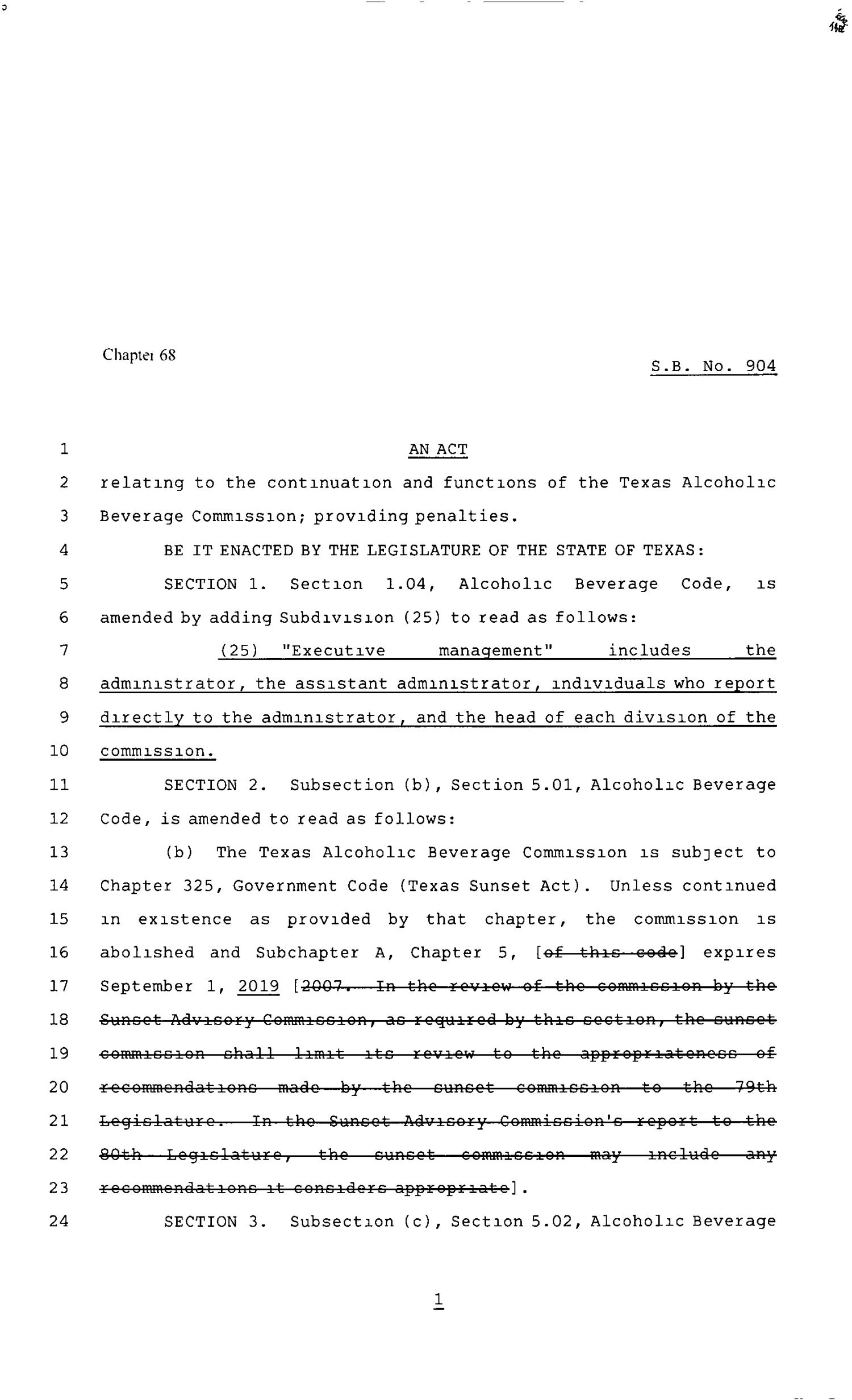 80th Texas Legislature, Regular Session, Senate Bill 904, Chapter 68
                                                
                                                    [Sequence #]: 1 of 25
                                                