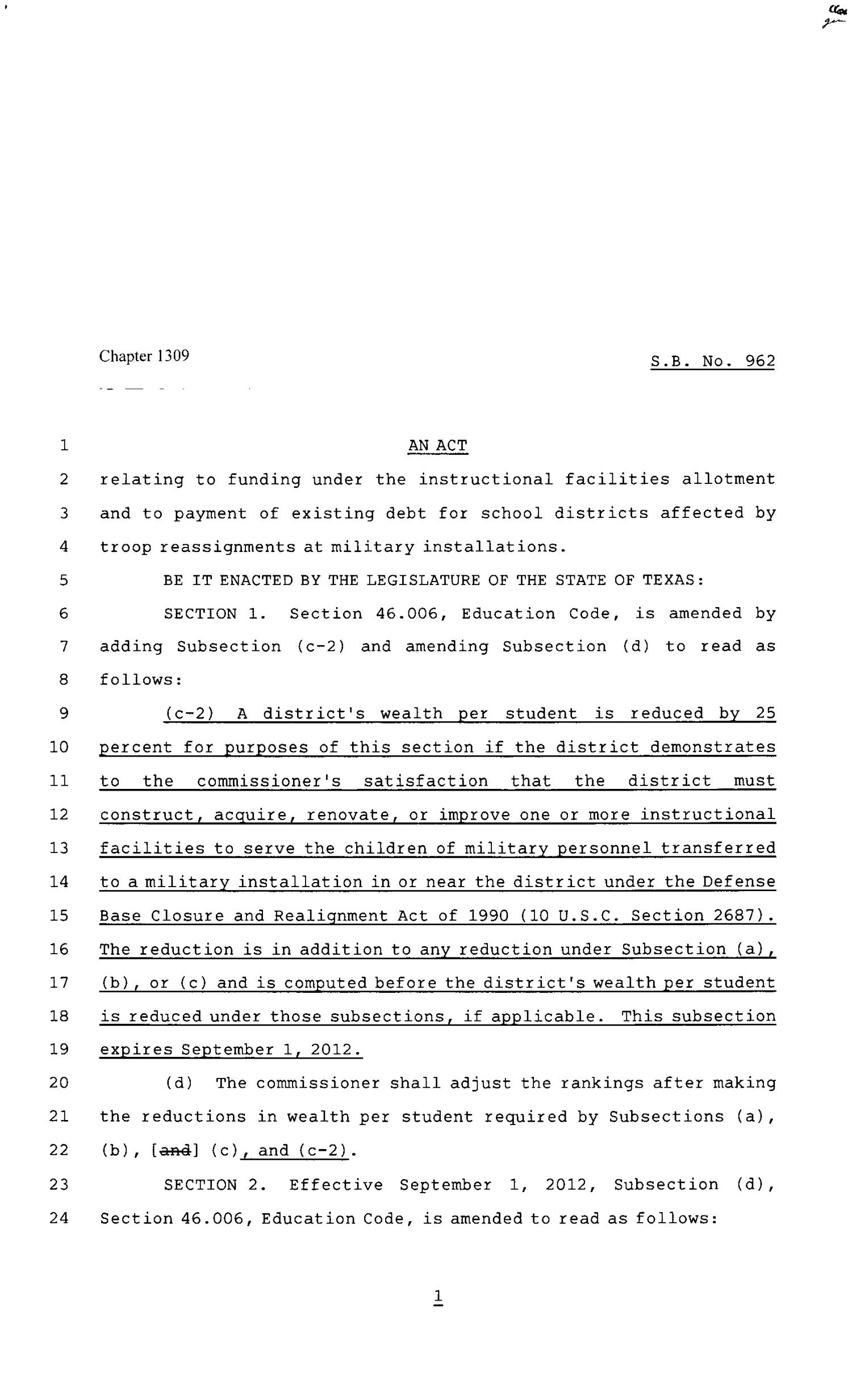 80th Texas Legislature, Regular Session, Senate Bill 962, Chapter 1309
                                                
                                                    [Sequence #]: 1 of 3
                                                