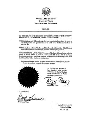 Primary view of object titled '79th Legislature of Texas, Special Session, Official Memorandum, Office of the Governor'.