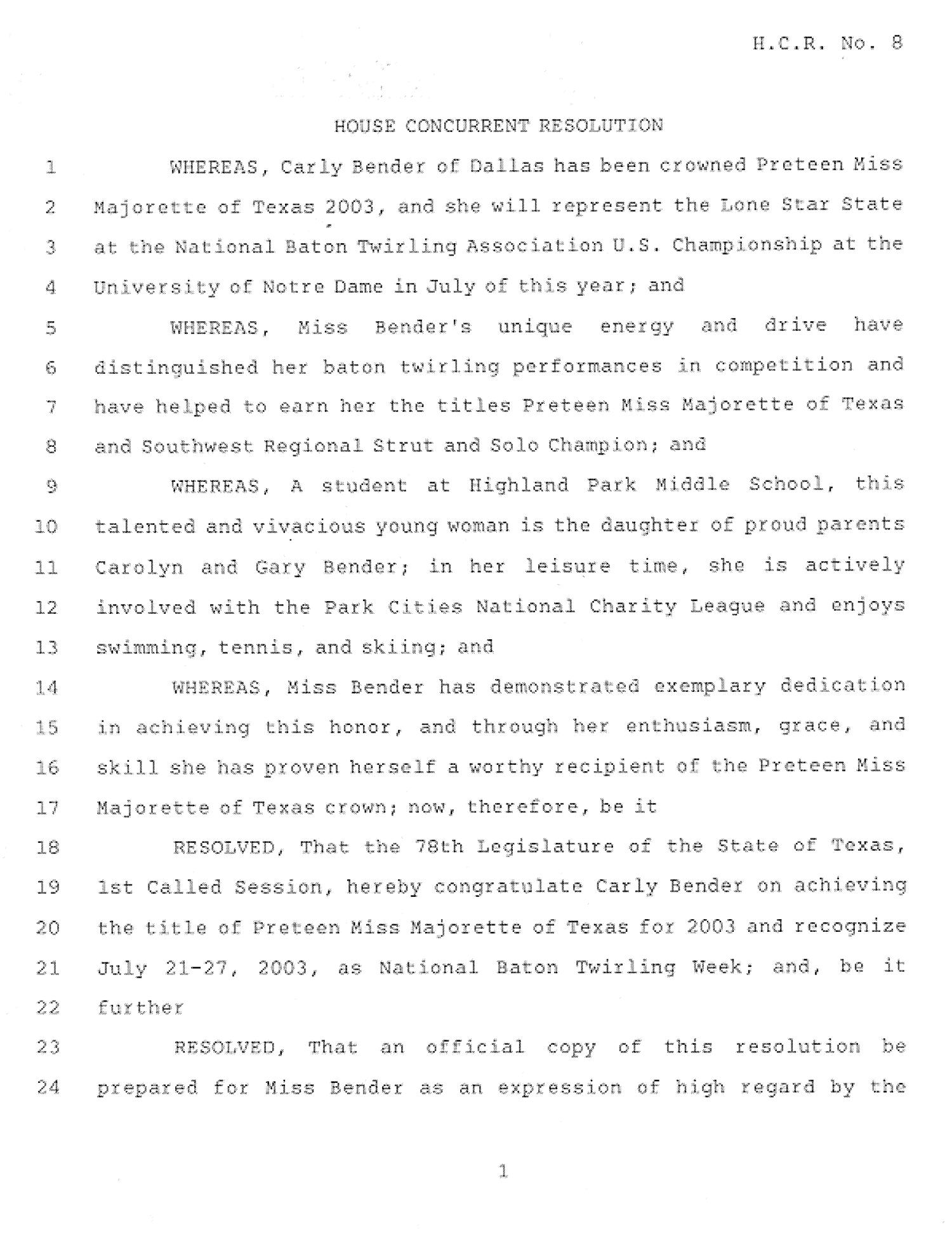 78th Texas Legislature, First Called Session, House Concurrent Resolution 8
                                                
                                                    [Sequence #]: 1 of 3
                                                