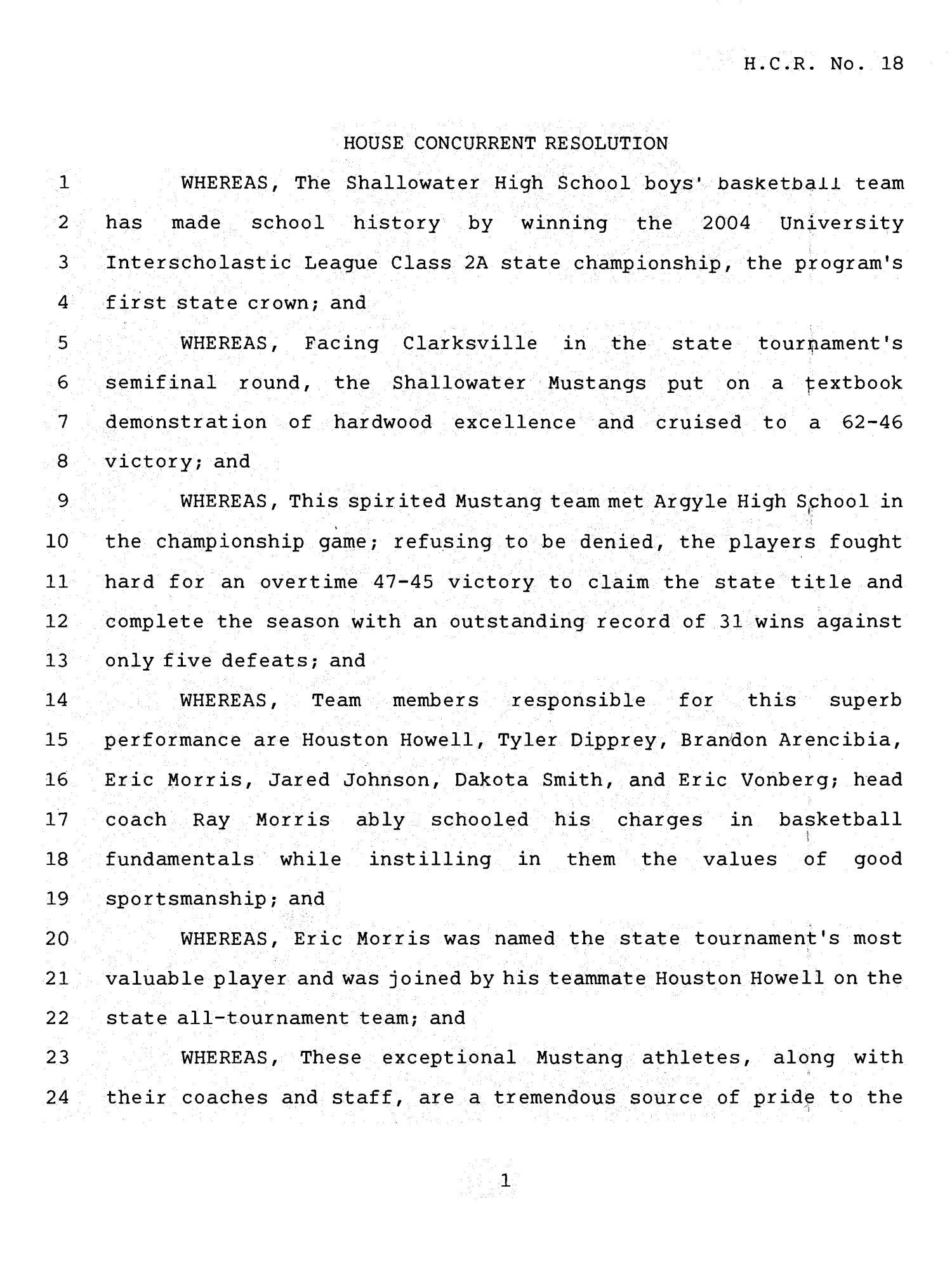 78th Texas Legislature, Fourth Called Session, House Concurrent Resolution 18
                                                
                                                    [Sequence #]: 1 of 3
                                                