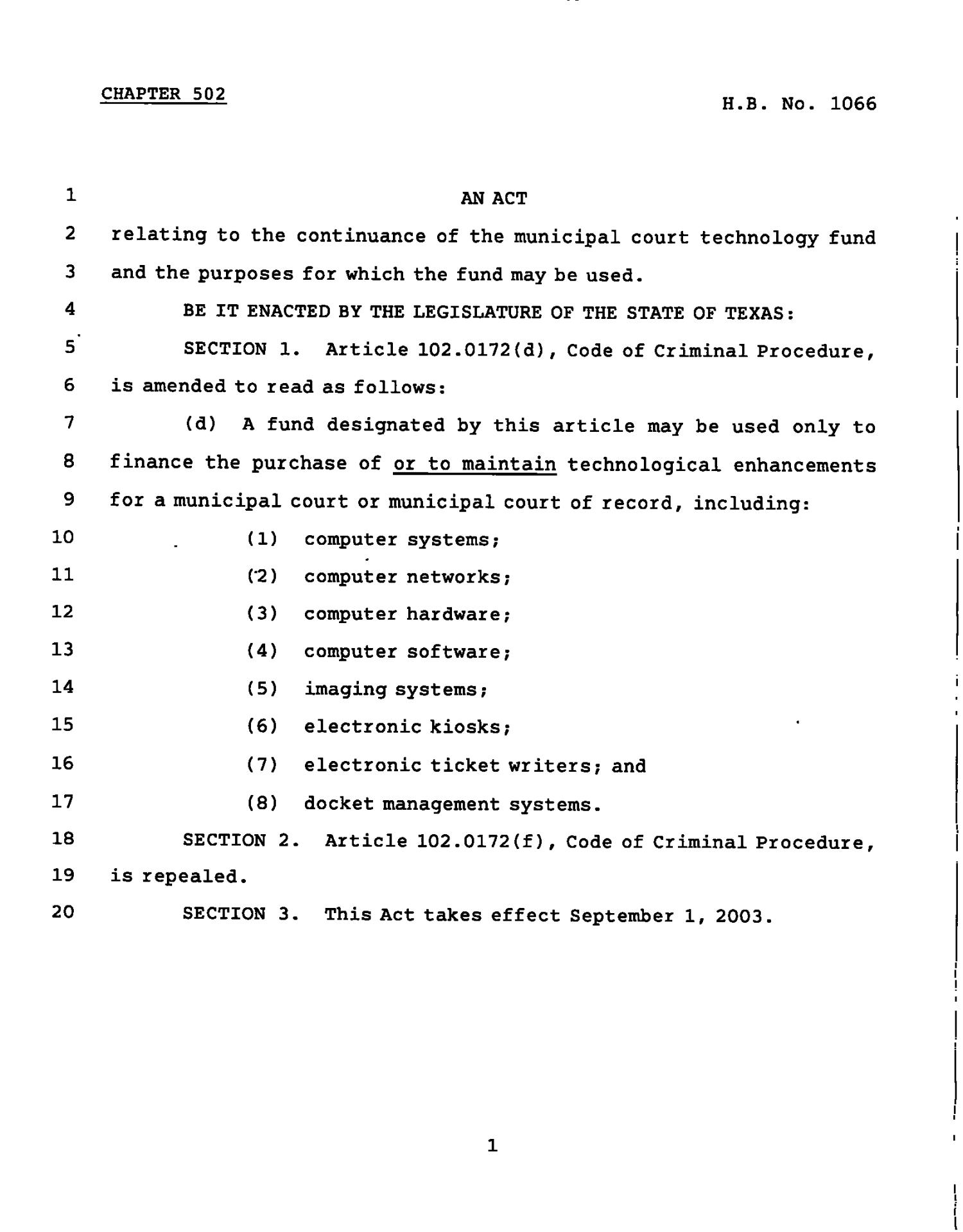 78th Texas Legislature, Regular Session, House Bill 1066, Chapter 502
                                                
                                                    [Sequence #]: 1 of 2
                                                