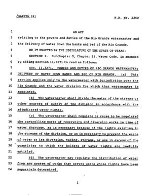 Primary view of object titled '78th Texas Legislature, Regular Session, House Bill 2250, Chapter 281'.