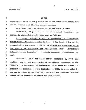 Primary view of object titled '78th Texas Legislature, Regular Session, House Bill 254, Chapter 415'.