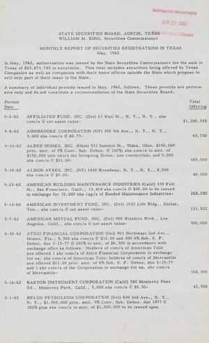Primary view of object titled 'Monthly Report of Securities Registrations in Texas, May 1962'.