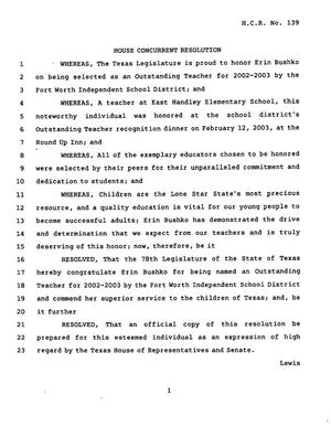 Primary view of object titled '78th Texas Legislature, Regular Session, House Concurrent Resolution 139'.
