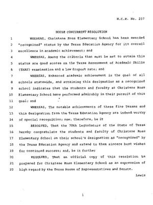 Primary view of object titled '78th Texas Legislature, Regular Session, House Concurrent Resolution 237'.