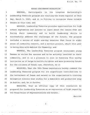 Primary view of object titled '78th Texas Legislature, Regular Session, House Concurrent Resolution 77'.