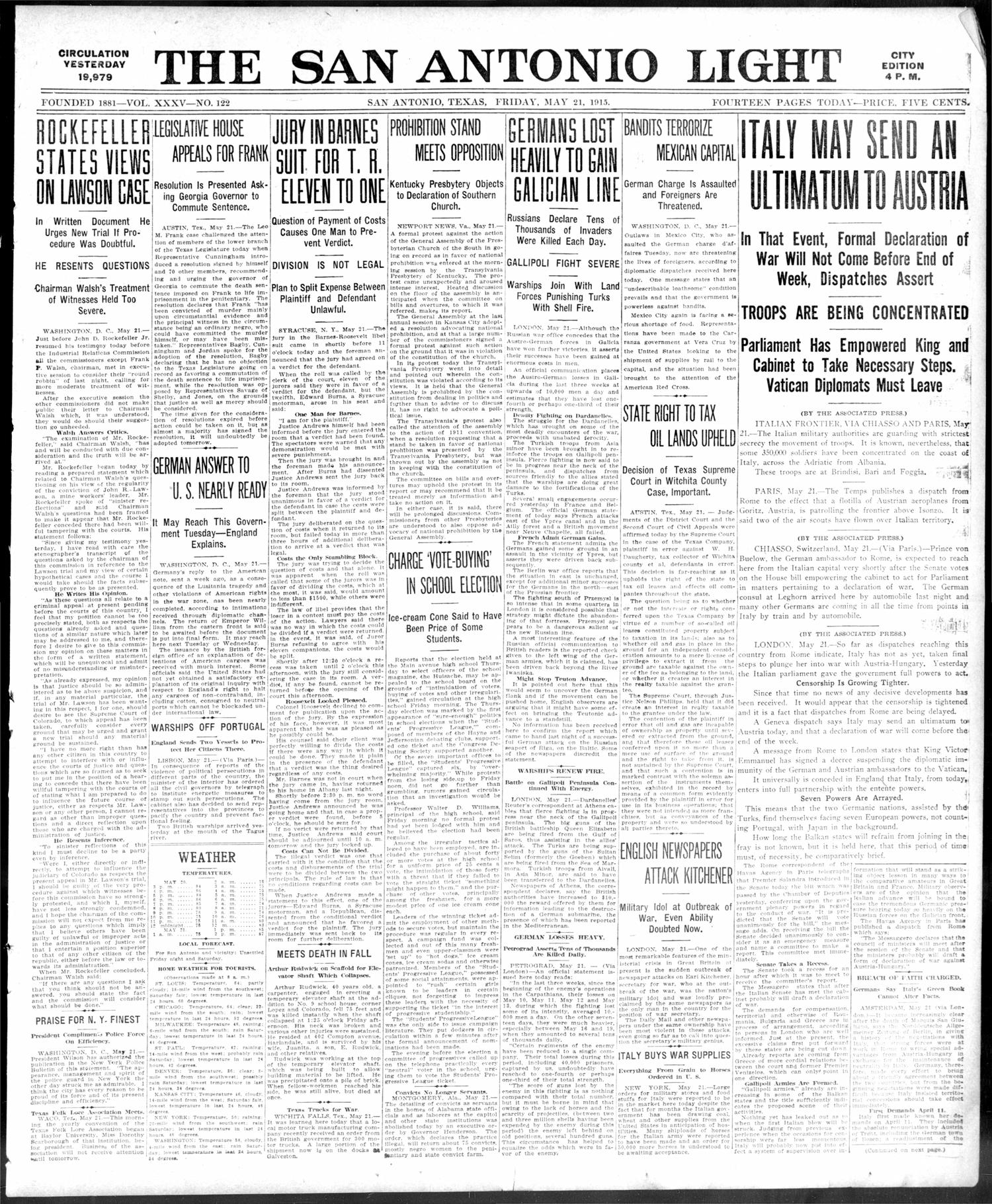The San Antonio Light (San Antonio, Tex.), Vol. 35, No. 122, Ed. 1 Friday, May 21, 1915
                                                
                                                    [Sequence #]: 1 of 14
                                                