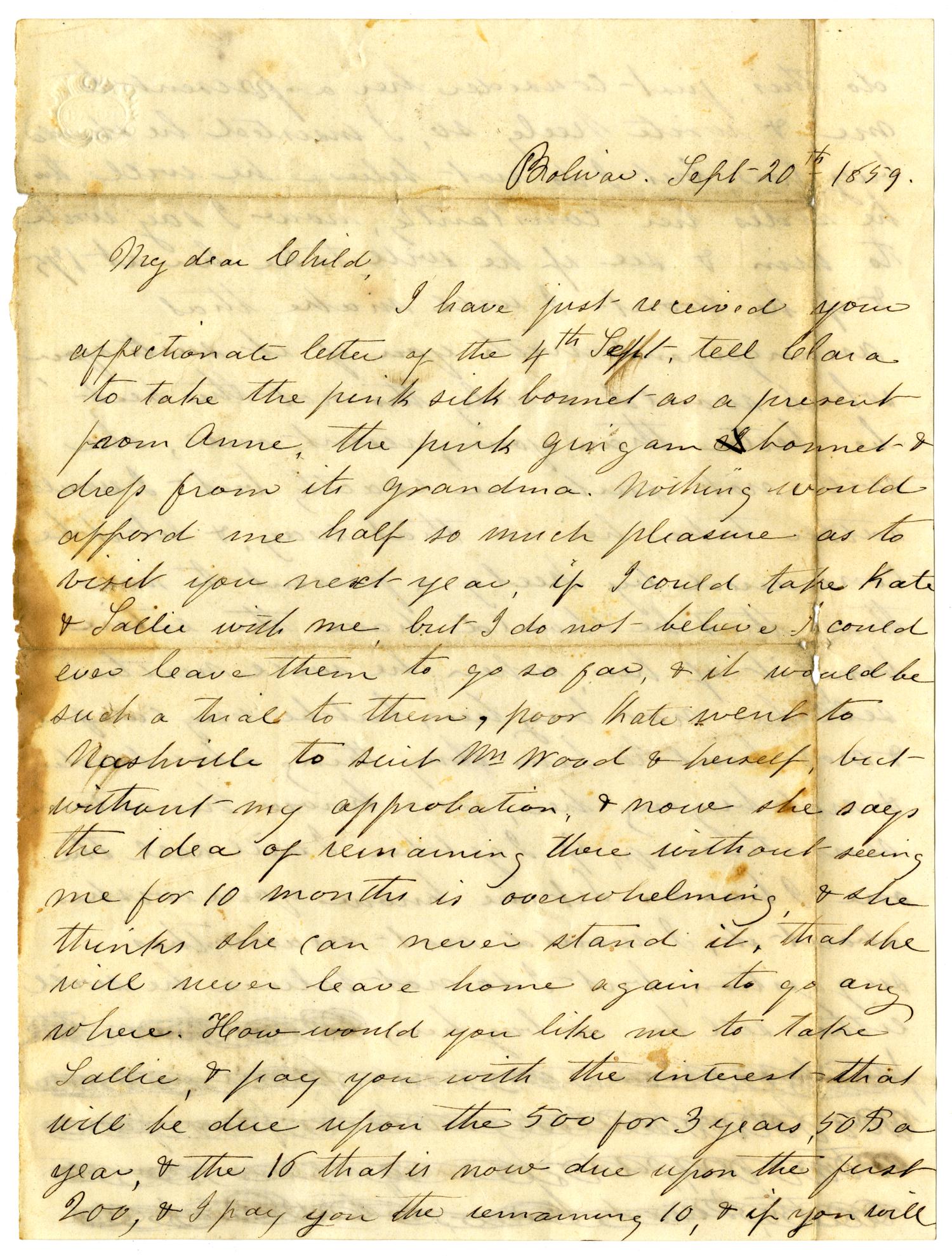 [Letter from Maud C. Fentress to David Fentress, September 20, 1859]
                                                
                                                    [Sequence #]: 1 of 2
                                                