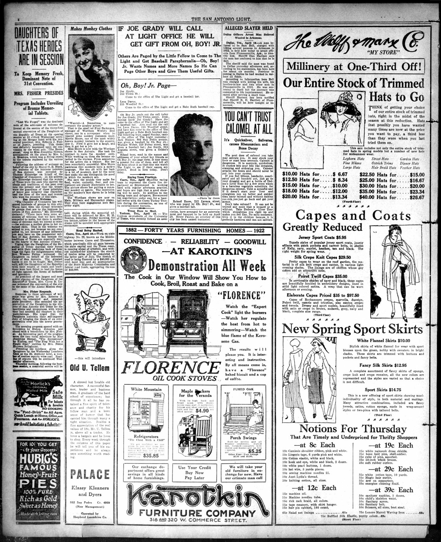The San Antonio Light (San Antonio, Tex.), Vol. 42, No. 90, Ed. 1 Wednesday, April 19, 1922
                                                
                                                    [Sequence #]: 4 of 20
                                                