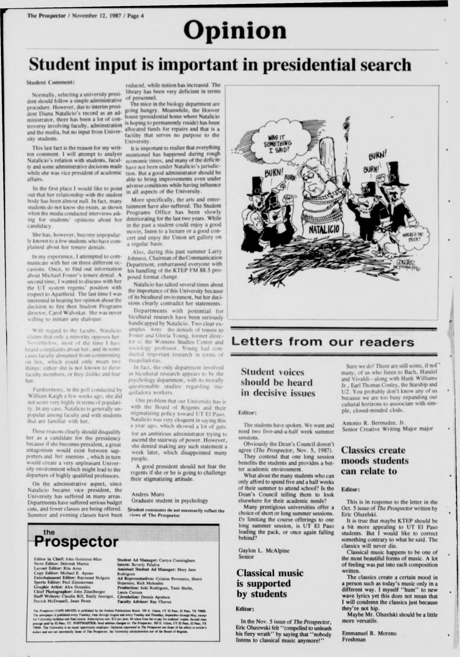 The Prospector (El Paso, Tex.), Vol. 73, No. 22, Ed. 1 Thursday, November 12, 1987
                                                
                                                    [Sequence #]: 4 of 16
                                                