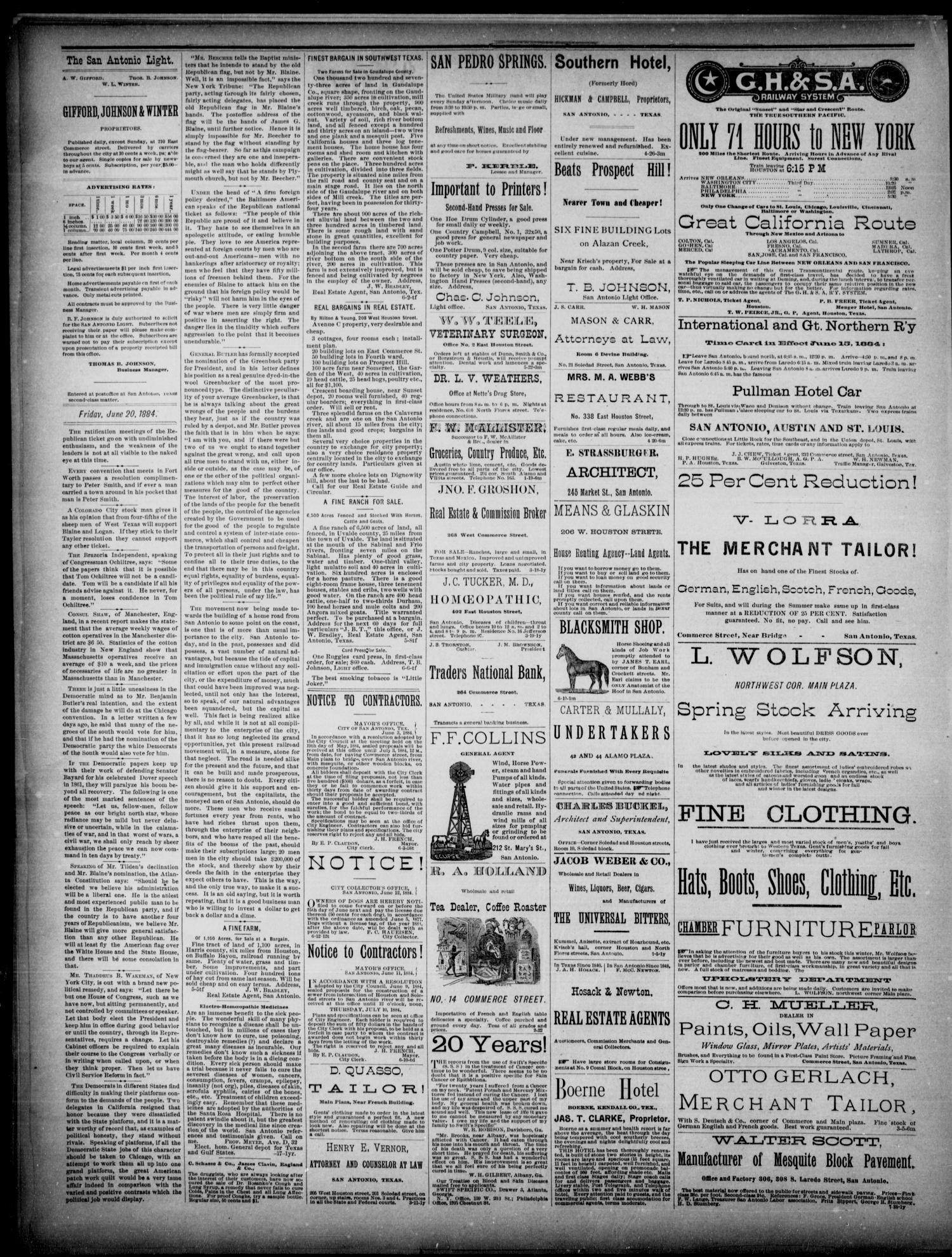 The San Antonio Light (San Antonio, Tex.), Vol. 4, No. 148, Ed. 1, Friday, June 20, 1884
                                                
                                                    [Sequence #]: 2 of 4
                                                