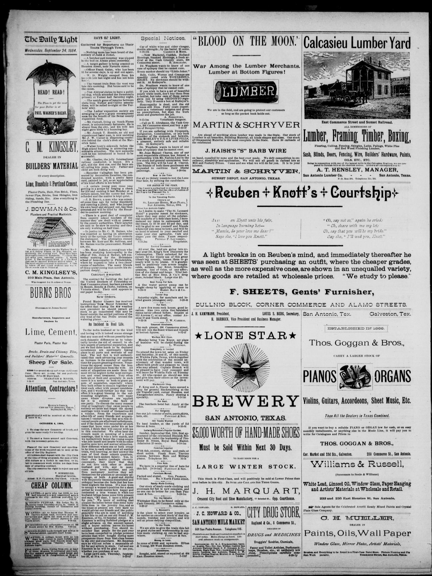 The San Antonio Light (San Antonio, Tex.), Vol. 4, No. 229, Ed. 1, Wednesday, September 24, 1884
                                                
                                                    [Sequence #]: 4 of 4
                                                