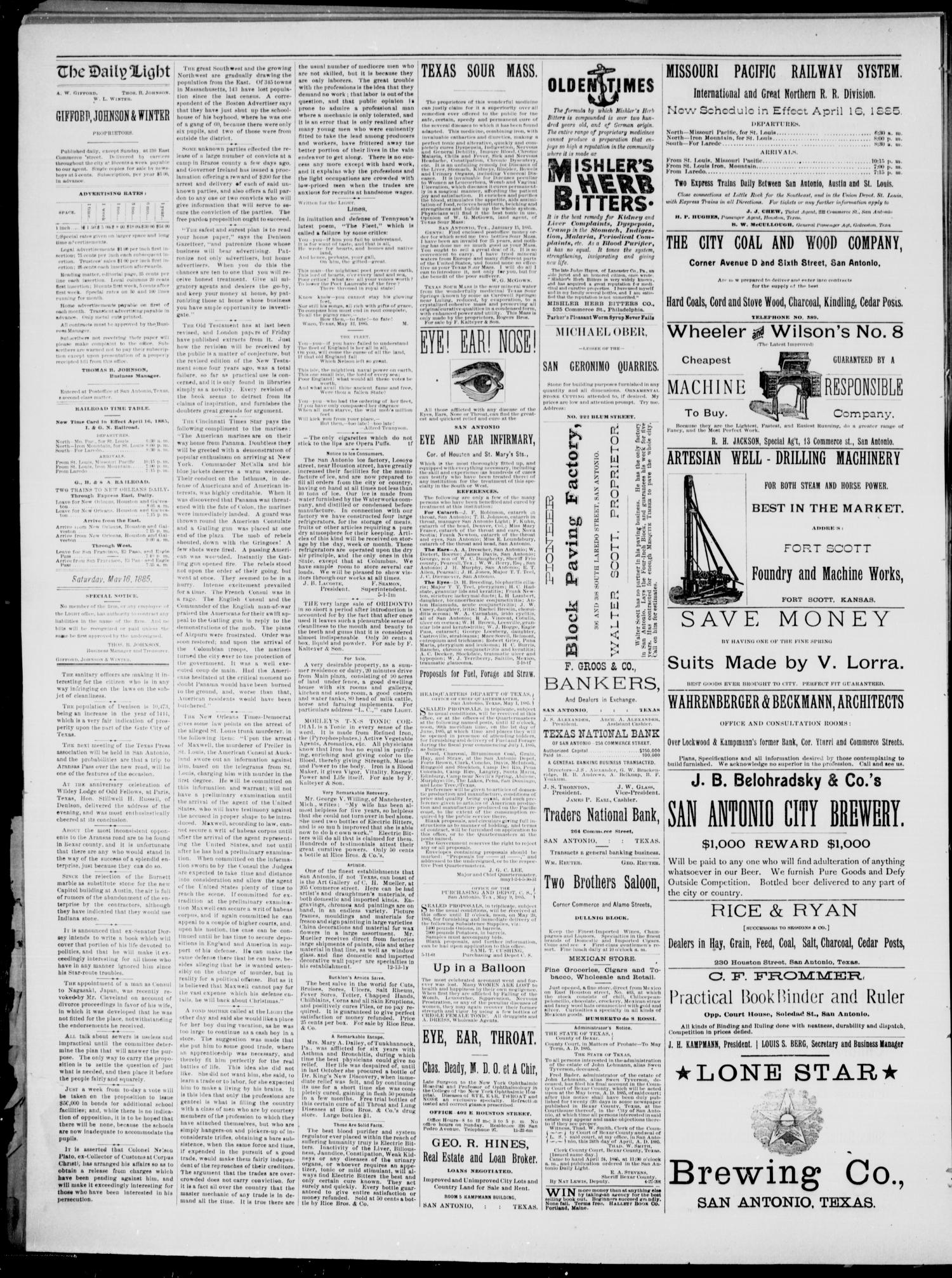 The San Antonio Light (San Antonio, Tex.), Vol. 5, No. 115, Ed. 1, Saturday, May 16, 1885
                                                
                                                    [Sequence #]: 2 of 4
                                                