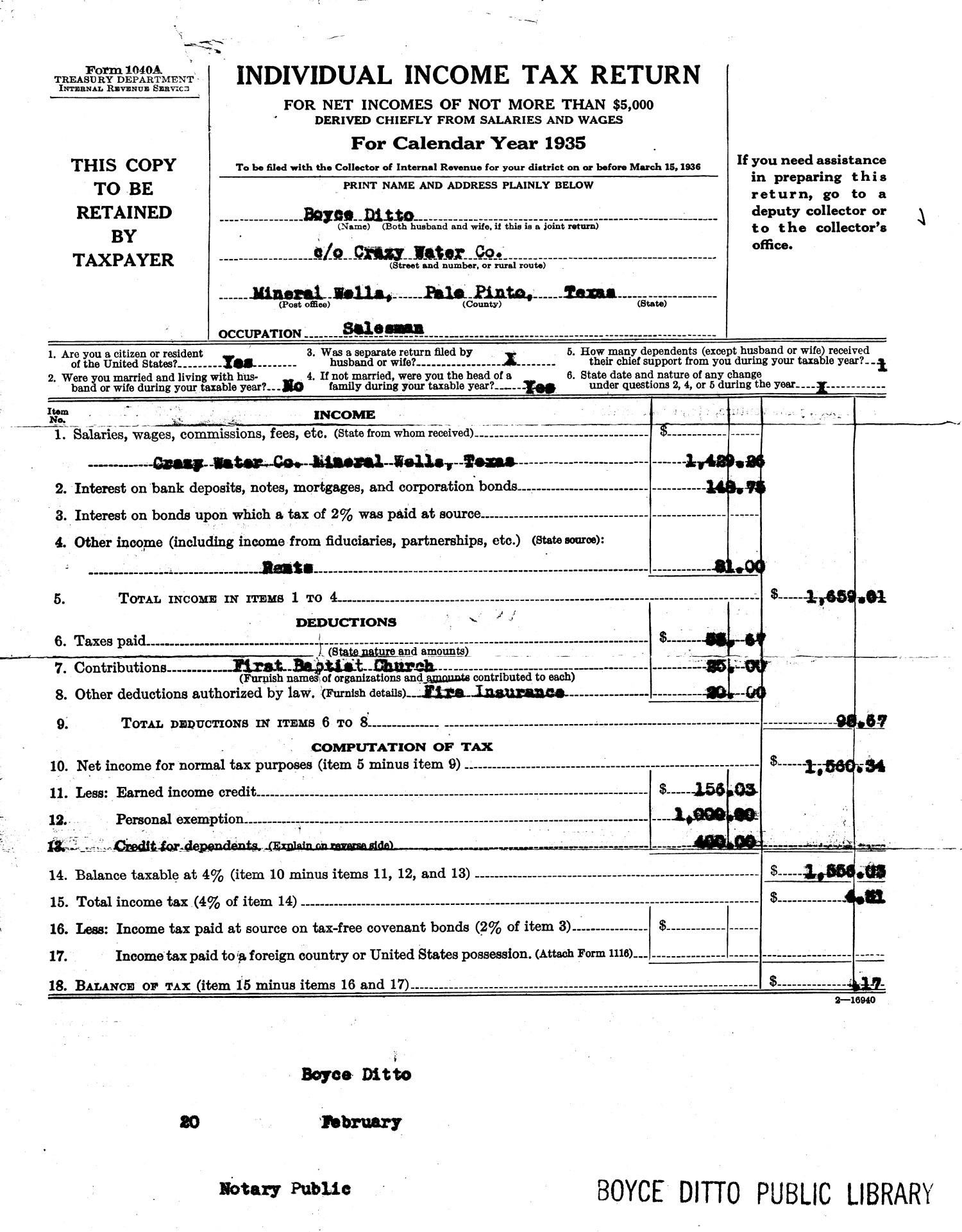 [1935 An Income Tax Return for Boyce Ditto]
                                                
                                                    [Sequence #]: 1 of 2
                                                