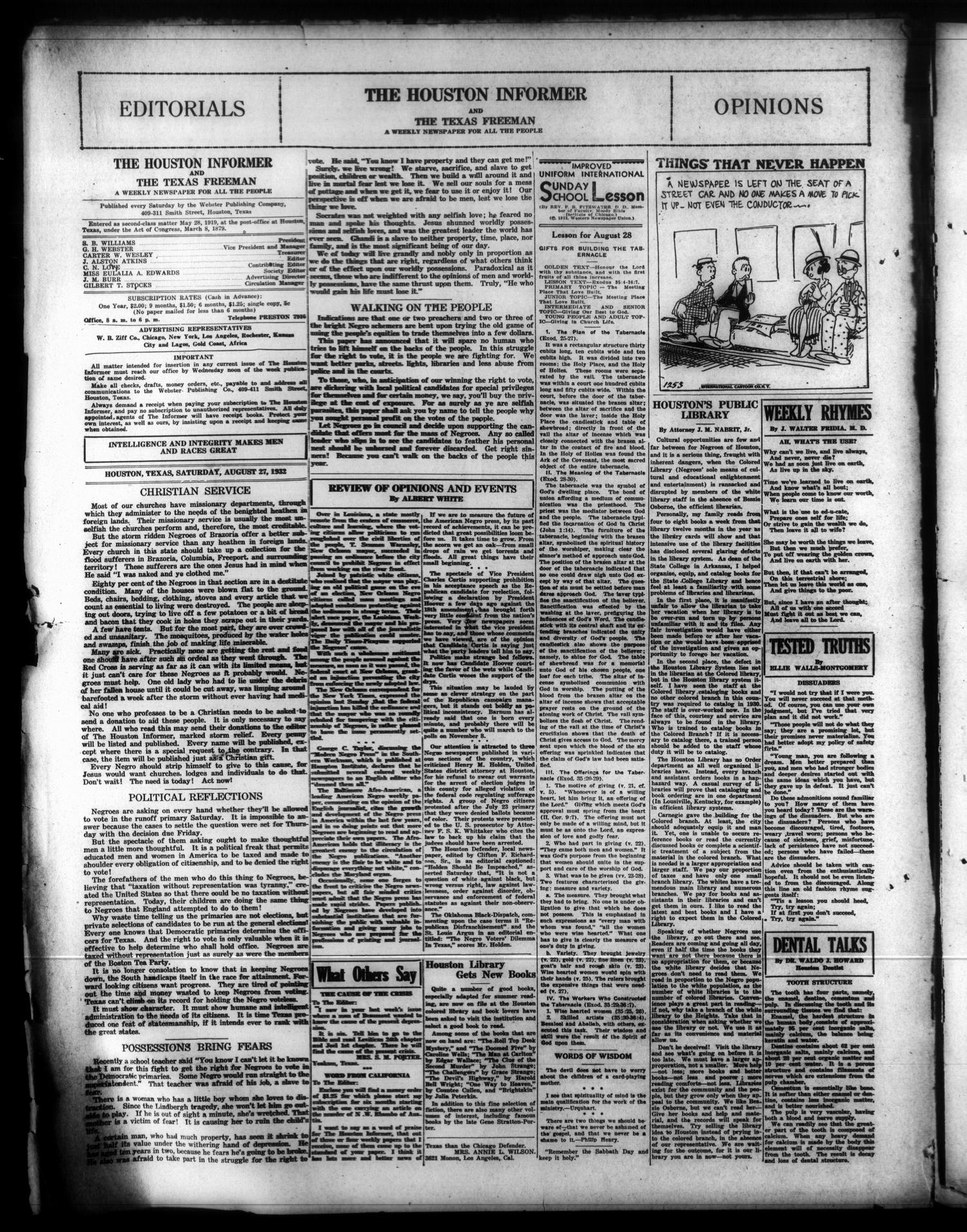 The Houston Informer and the Texas Freeman (Houston, Tex.), Vol. [14], No. [14], Ed. 1 Saturday, August 27, 1932
                                                
                                                    [Sequence #]: 1 of 7
                                                