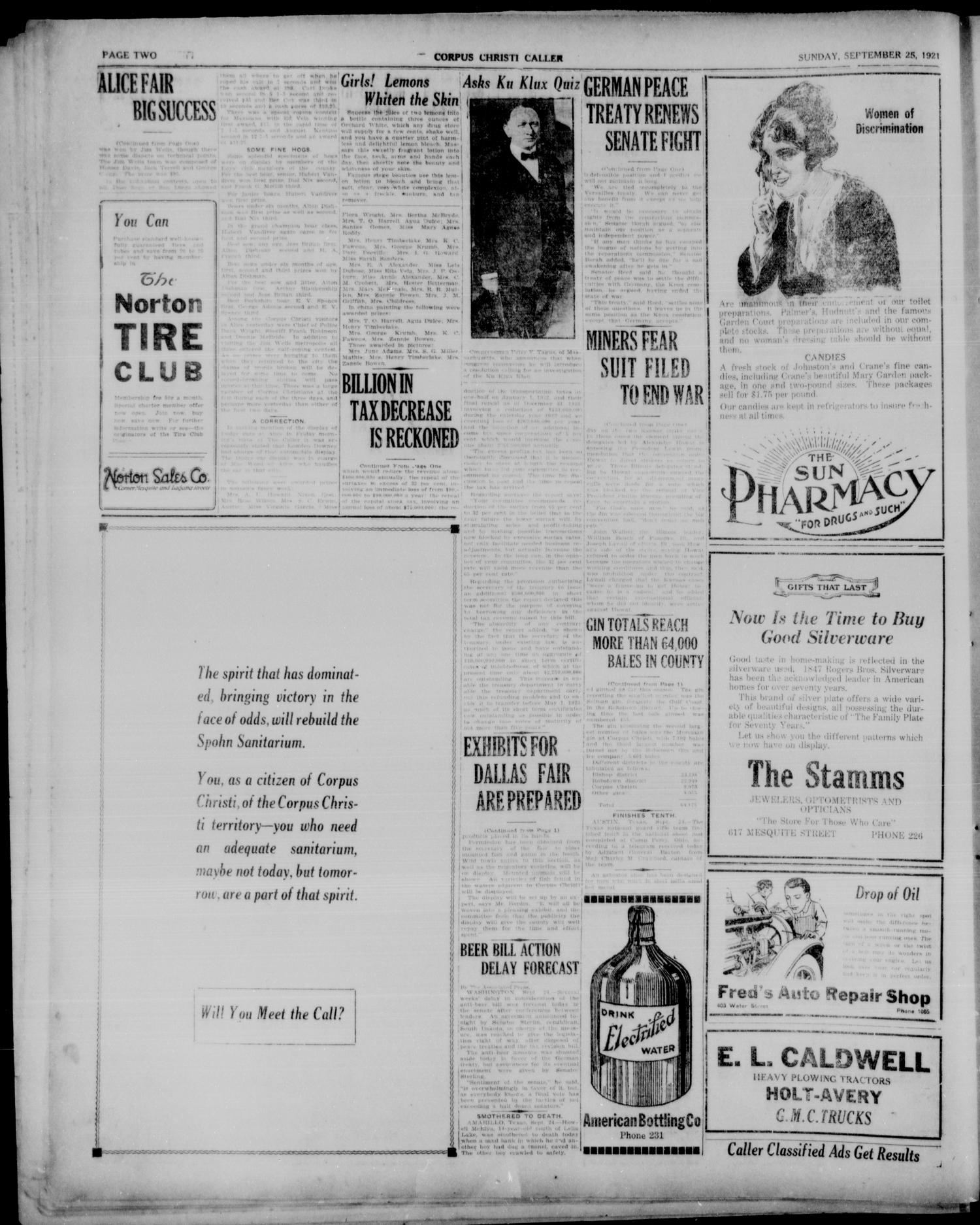 Corpus Christi Caller (Corpus Christi, Tex.), Vol. 23, No. 216, Ed. 1, Sunday, September 25, 1921
                                                
                                                    [Sequence #]: 2 of 16
                                                