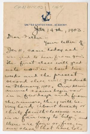 Primary view of object titled '[Letter from Chester W. Nimitz to William Nimitz, January 14, 1903]'.