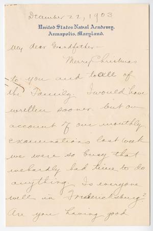 Primary view of object titled '[Letter from Chester W. Nimitz to Charles Henry Nimitz, December 22, 1903]'.