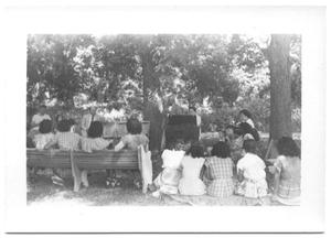 Primary view of object titled '[Back View of a Row of Several Seated Women]'.