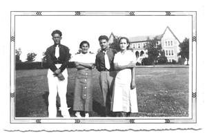 Primary view of object titled '[Four Hispanic People Standing in Front of a Large Estate]'.