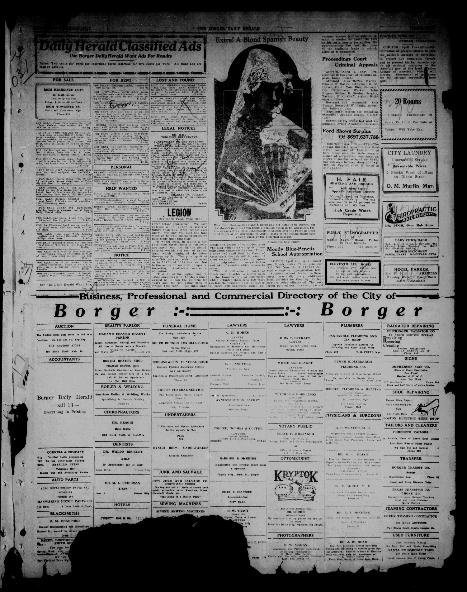 Borger Daily Herald (Borger, Tex.), Vol. 1, No. 115, Ed. 1 Wednesday, April 6, 1927
                                                
                                                    [Sequence #]: 5 of 6
                                                