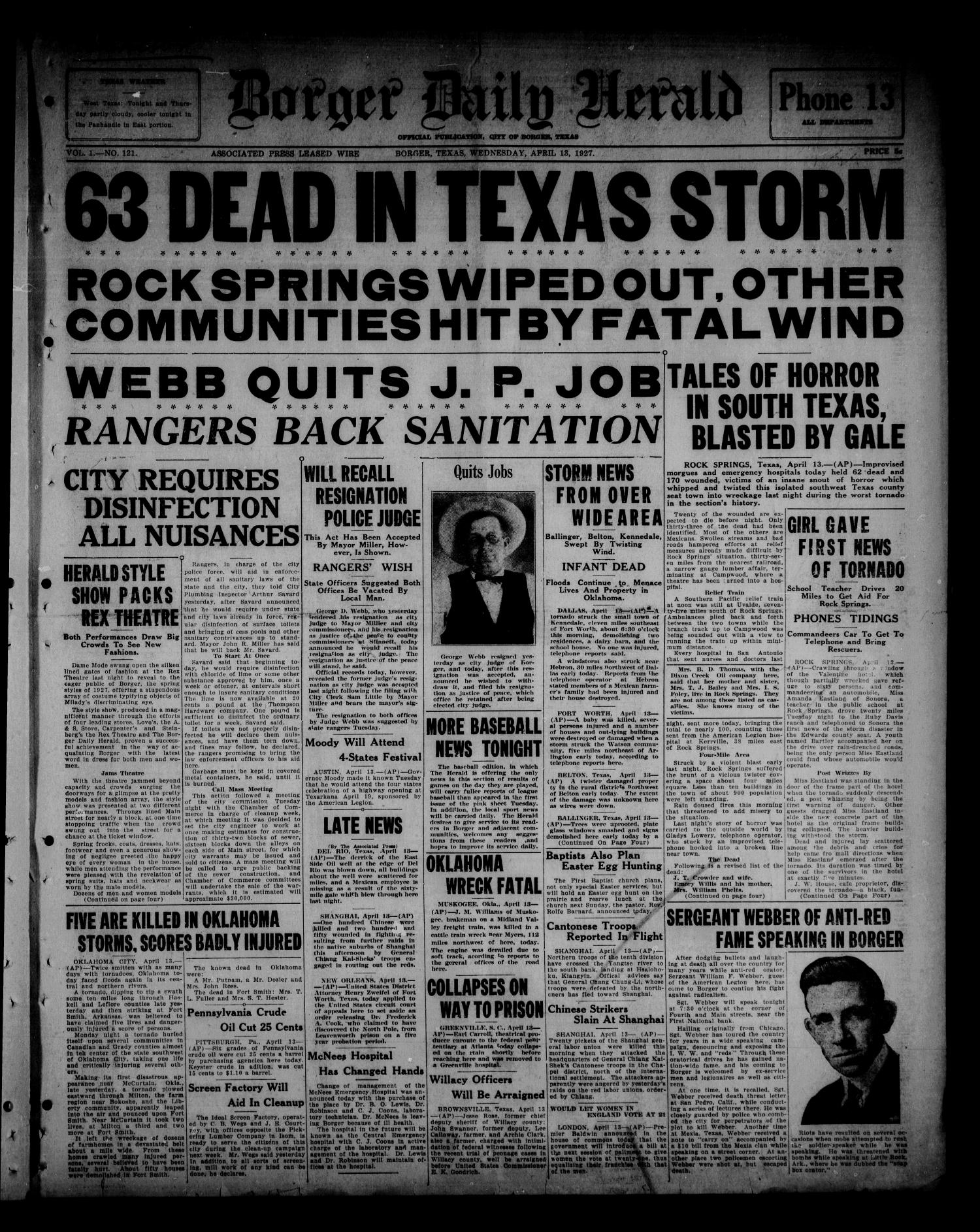 Borger Daily Herald (Borger, Tex.), Vol. 1, No. 121, Ed. 1 Wednesday, April 13, 1927
                                                
                                                    [Sequence #]: 1 of 6
                                                