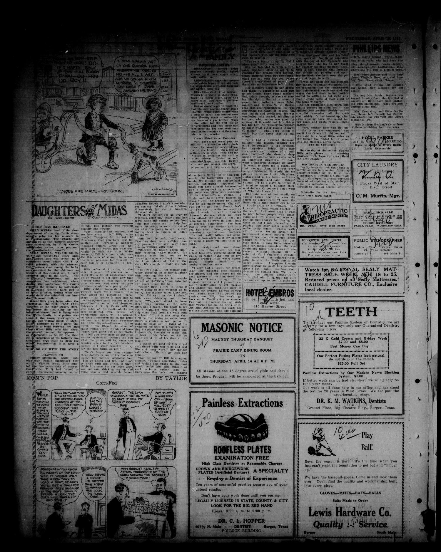 Borger Daily Herald (Borger, Tex.), Vol. 1, No. 121, Ed. 1 Wednesday, April 13, 1927
                                                
                                                    [Sequence #]: 2 of 6
                                                