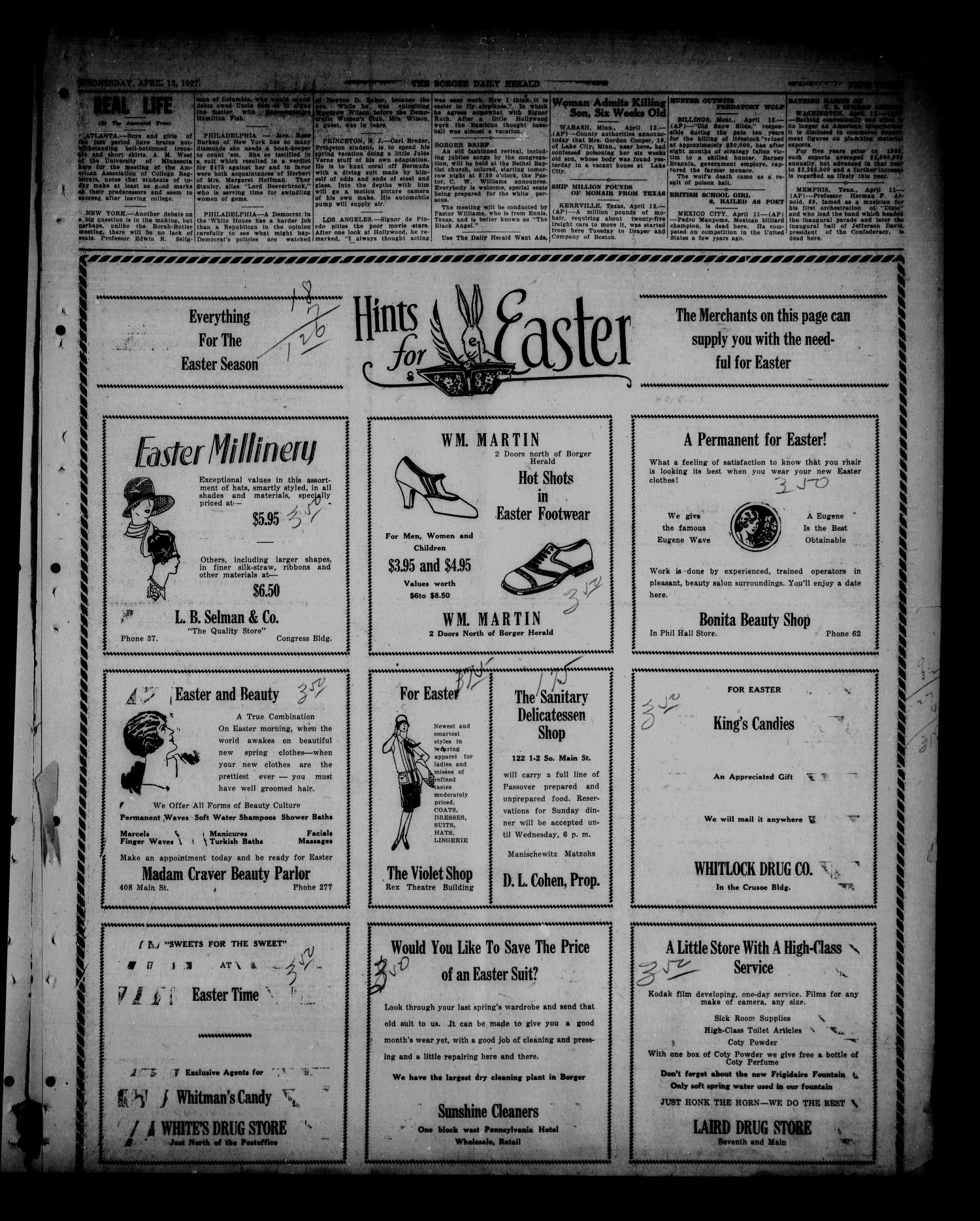 Borger Daily Herald (Borger, Tex.), Vol. 1, No. 121, Ed. 1 Wednesday, April 13, 1927
                                                
                                                    [Sequence #]: 3 of 6
                                                